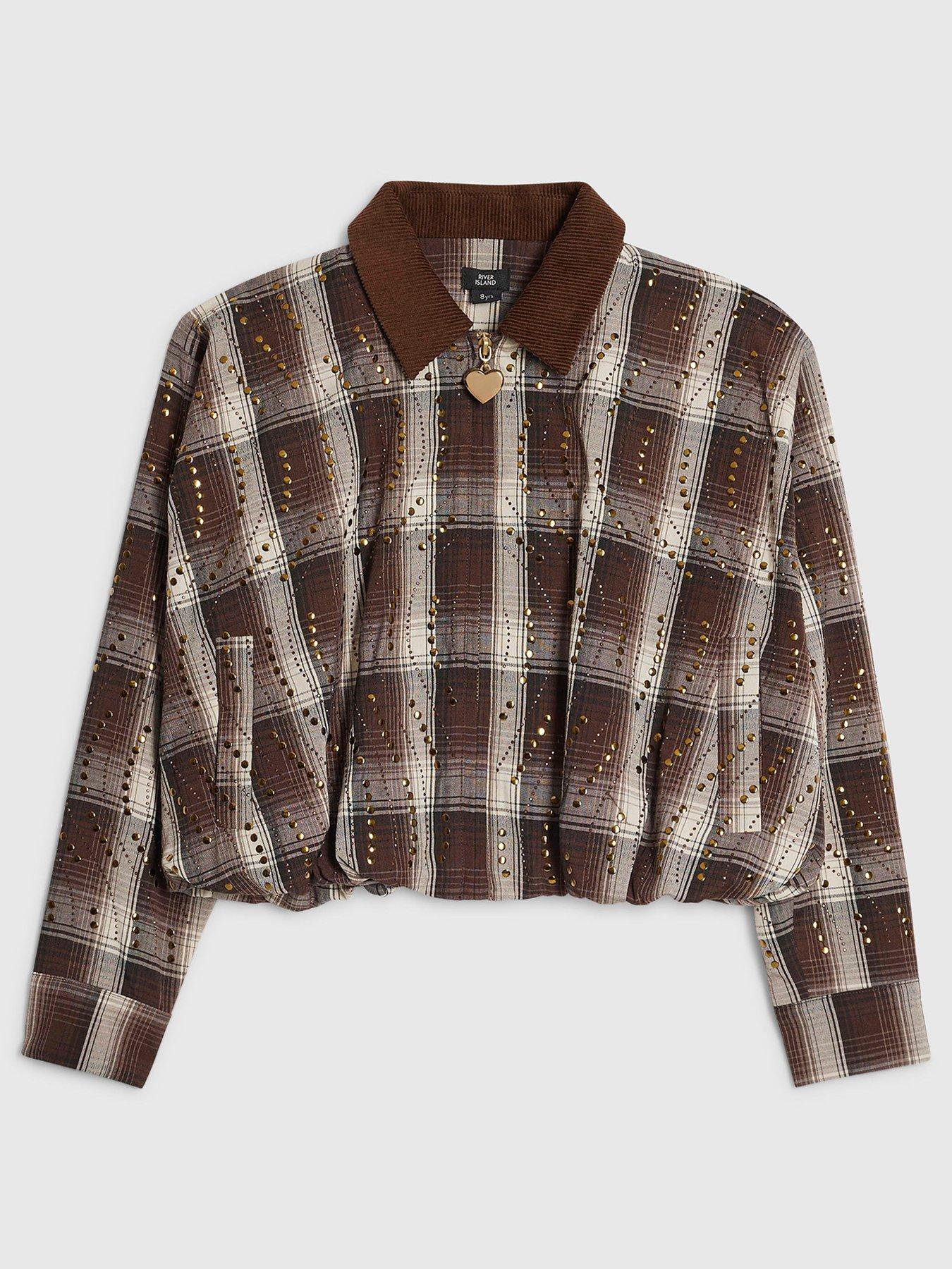 Image 1 of 4 of River Island Girls Studded Check Zip-Through Jacket - Brown