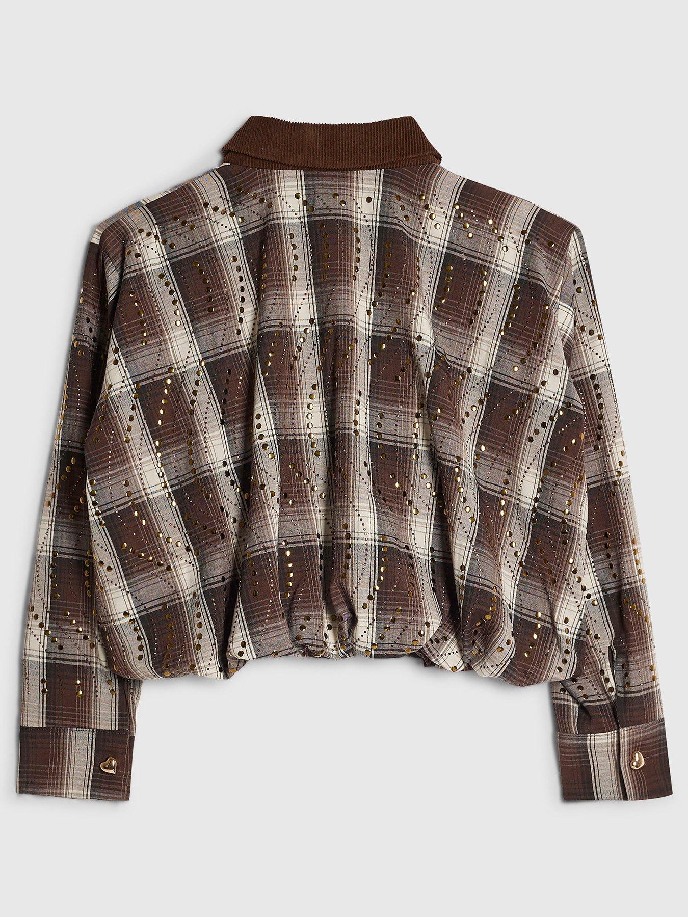 Image 2 of 4 of River Island Girls Studded Check Zip-Through Jacket - Brown