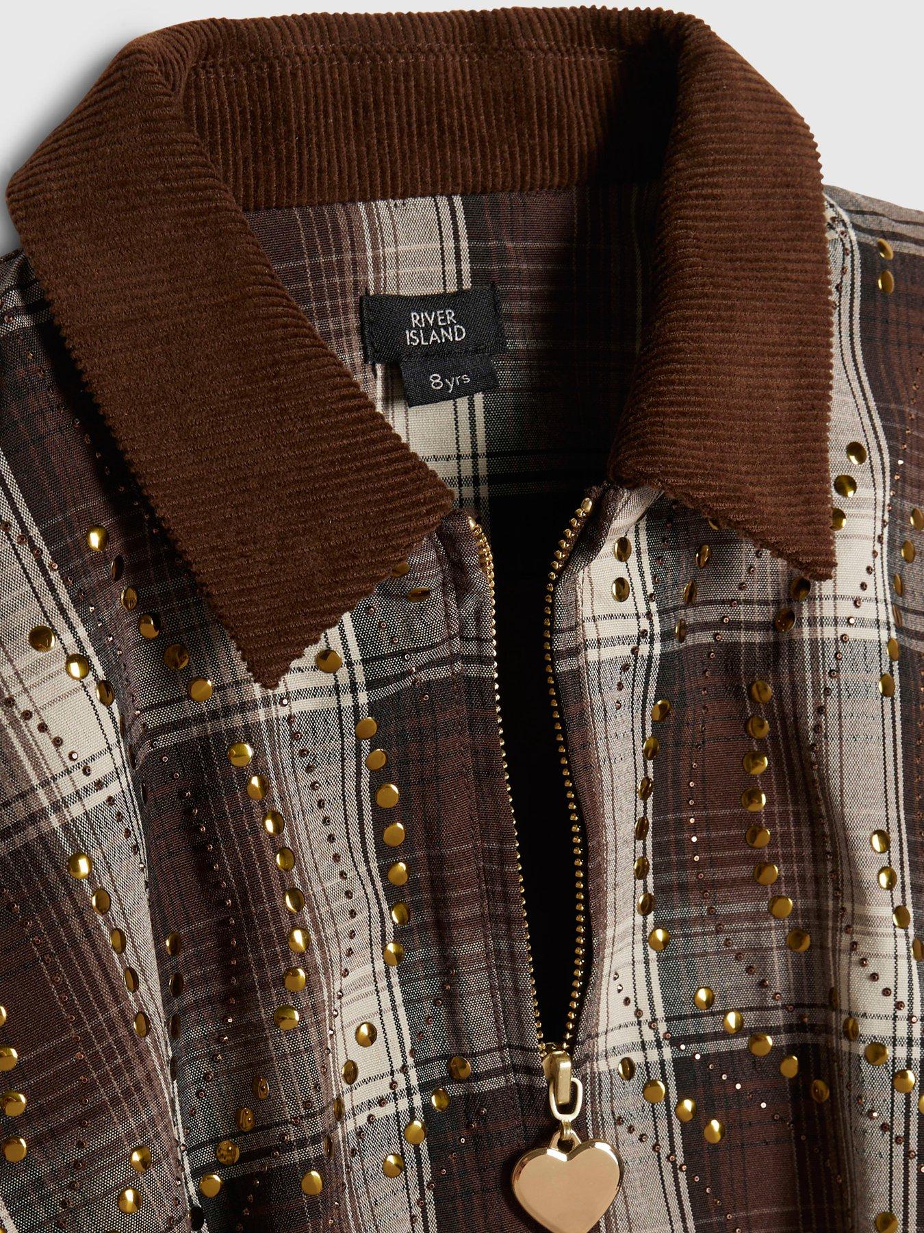 Image 3 of 4 of River Island Girls Studded Check Zip-Through Jacket - Brown
