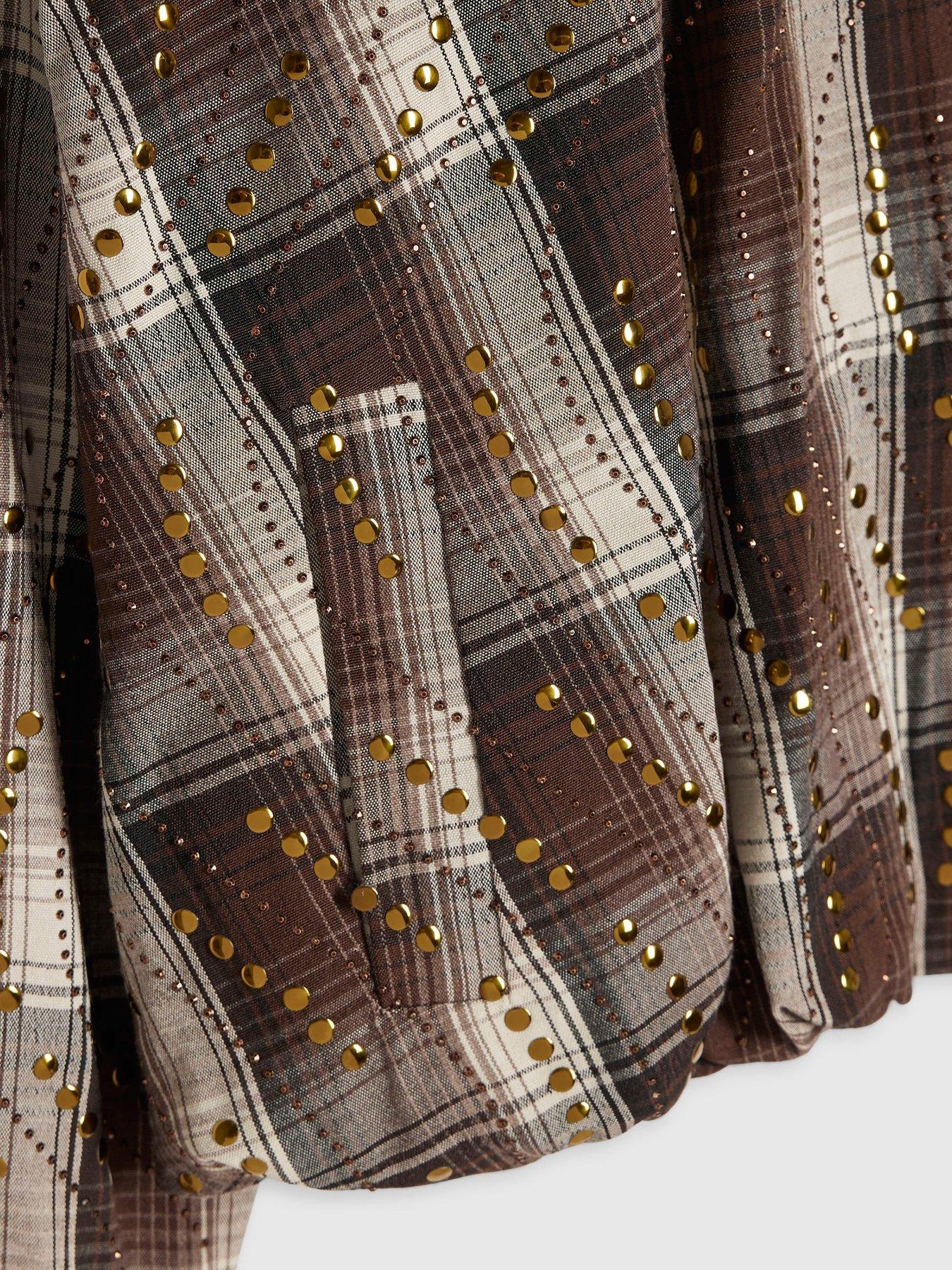 Image 4 of 4 of River Island Girls Studded Check Zip-Through Jacket - Brown
