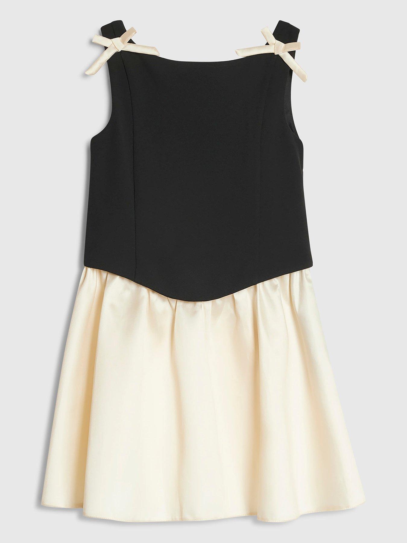 Image 2 of 4 of River Island Girls Satin Colour Block Bow Dress - Black