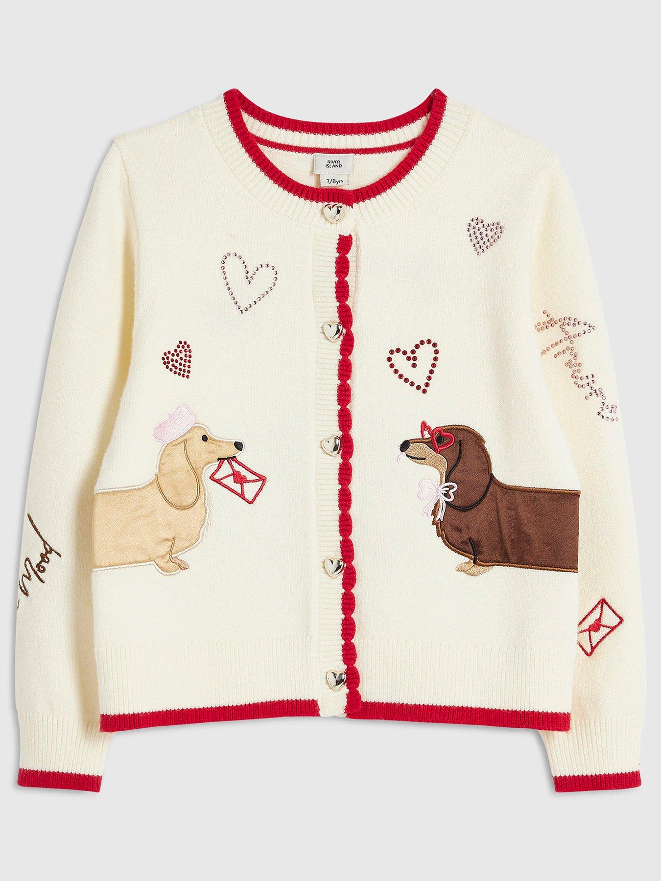 River Island Girls Embroidered Dog Heart Button Cardigan - Cream