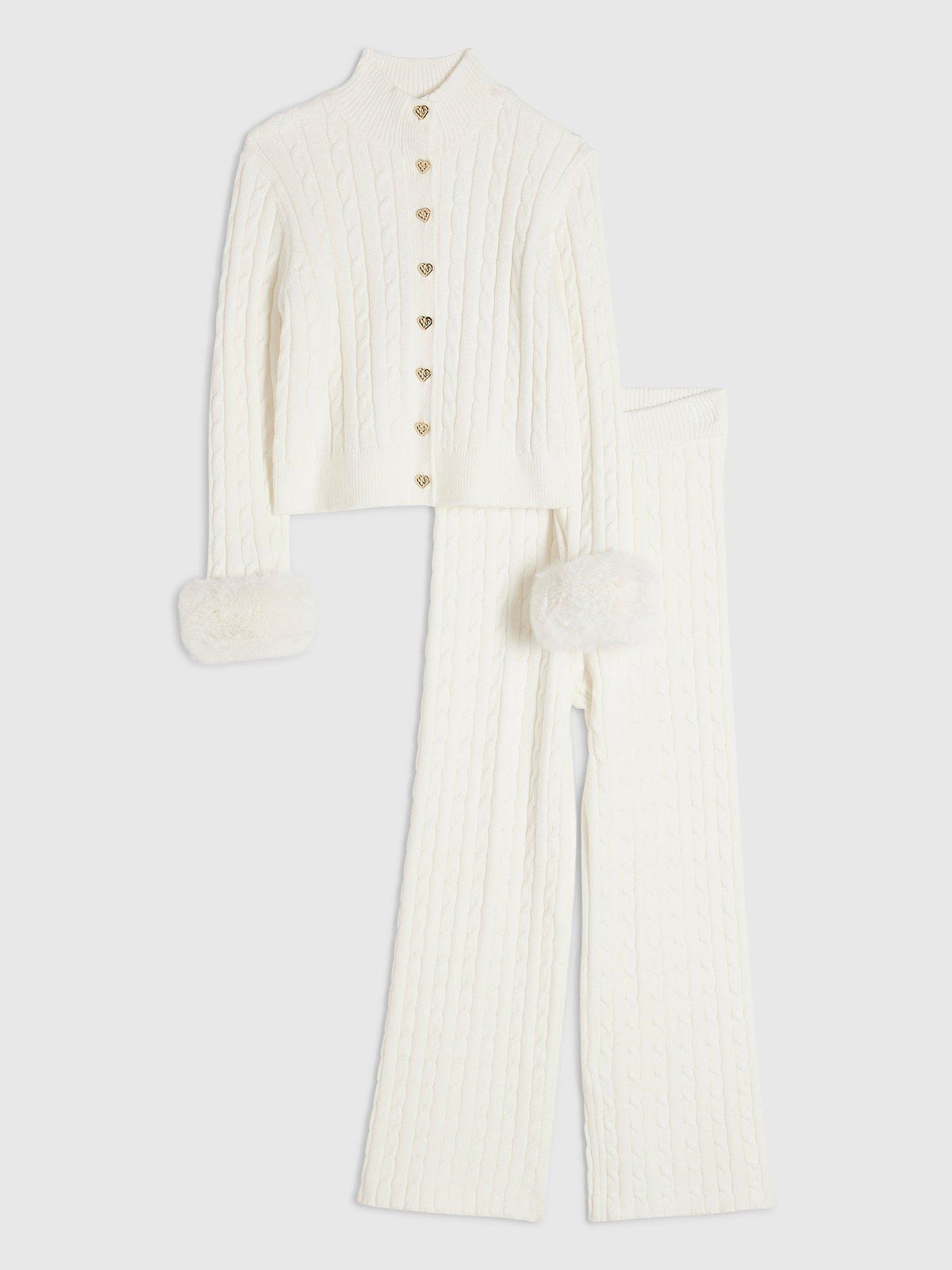 River Island Girls Cable Knit Fur Cuff Cardigan Set - Cream in Pink