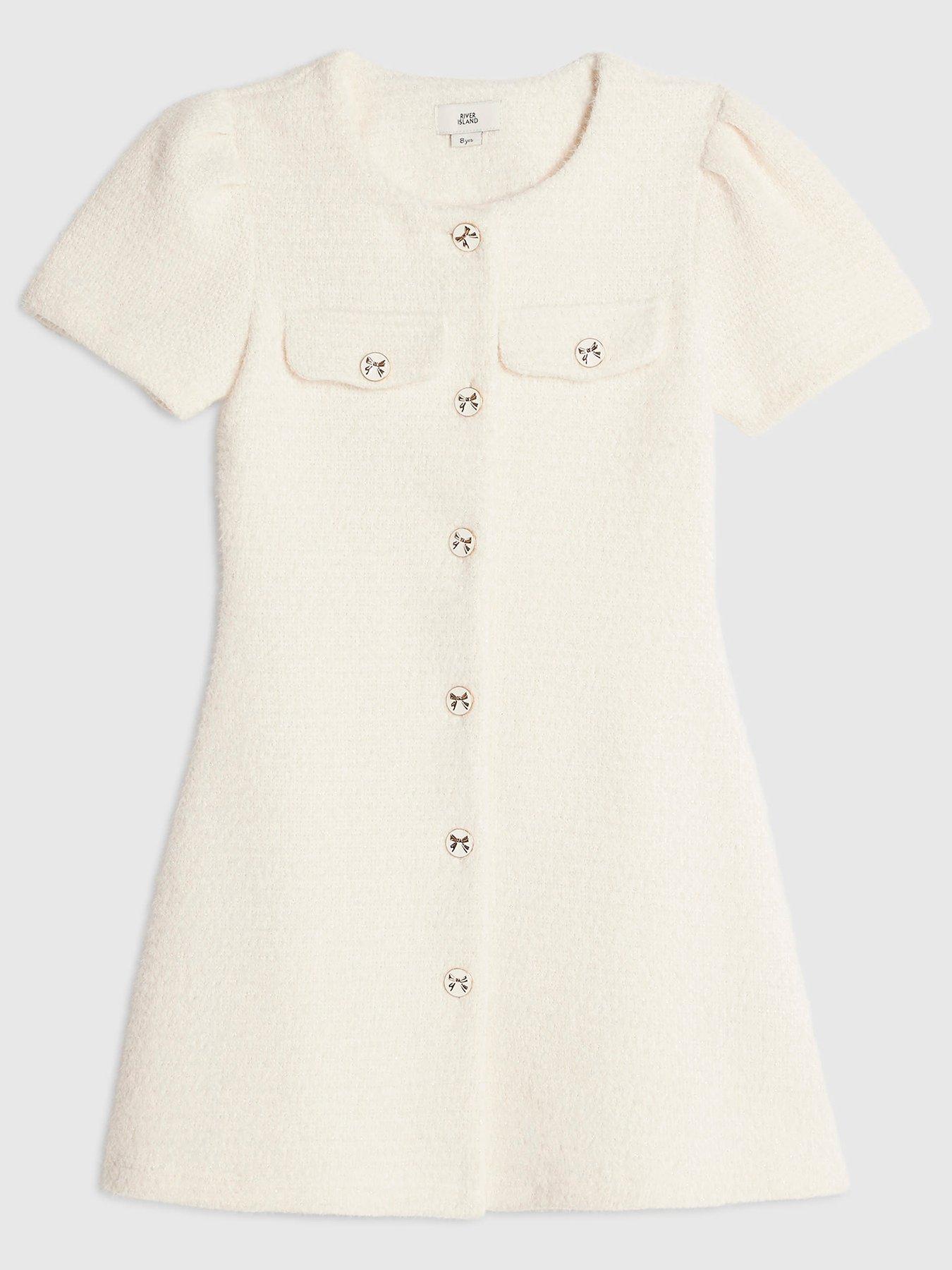 River Island Girls Knitted Fit And Flare Button Front Dress - Cream