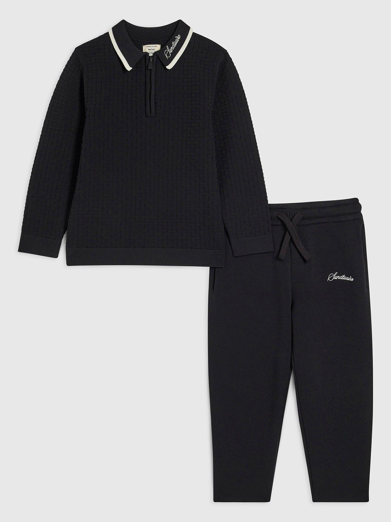 River Island Mini Boys Textured Quarter Zip Polo Shirt Set - Black