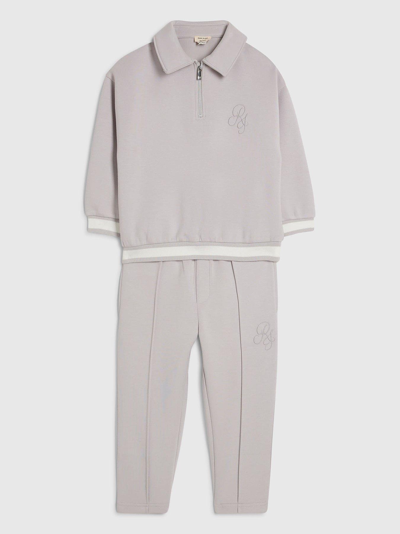 Image 1 of 5 of River Island Mini Boys Zip Neck Monogram 2 Piece Set - Grey