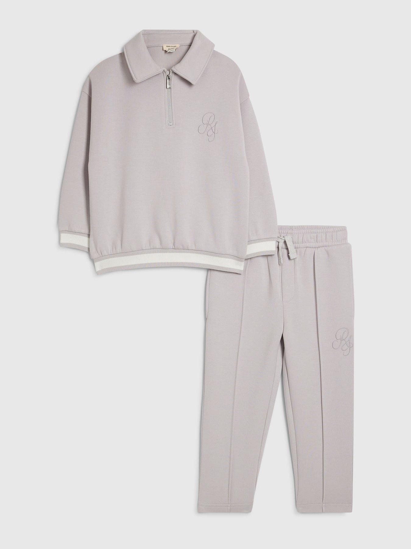 Image 3 of 5 of River Island Mini Boys Zip Neck Monogram 2 Piece Set - Grey