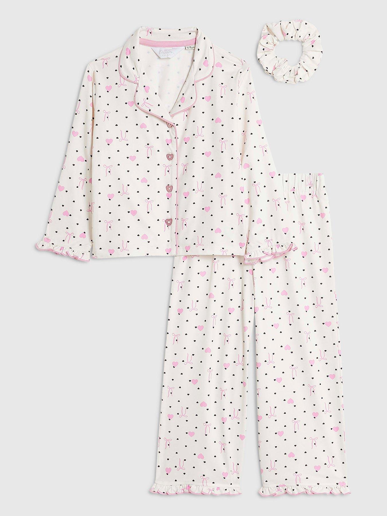River Island Mini Girls Bow Heart Button Pyjamas Set - Cream
