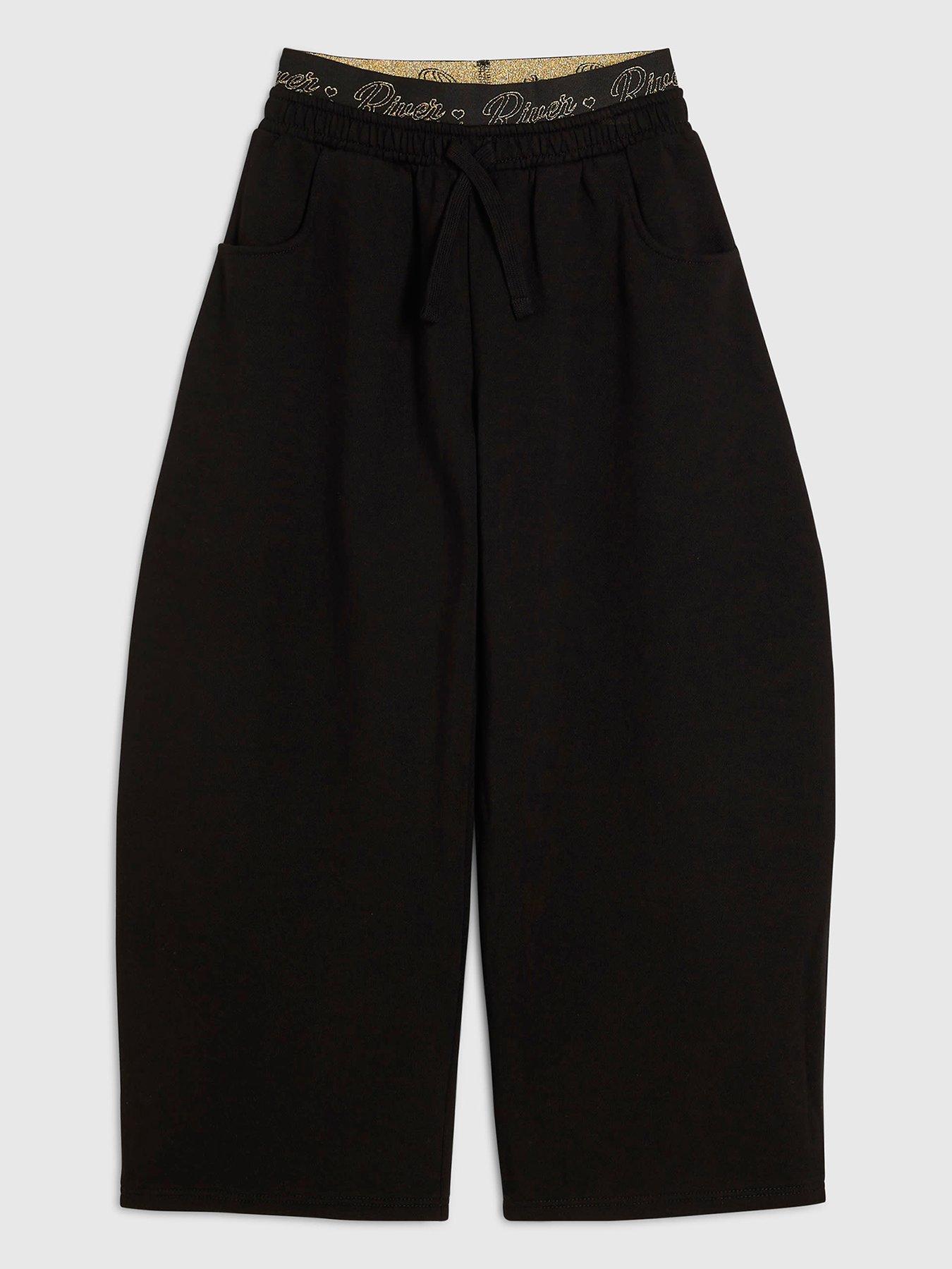 Image 1 of 4 of River Island Girls Ri Script Wide Leg Joggers - Black