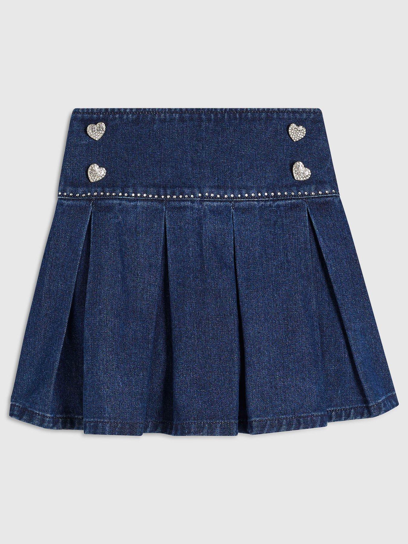 River Island Girls Heart Embellished Pleated Denim Skirt - Blue