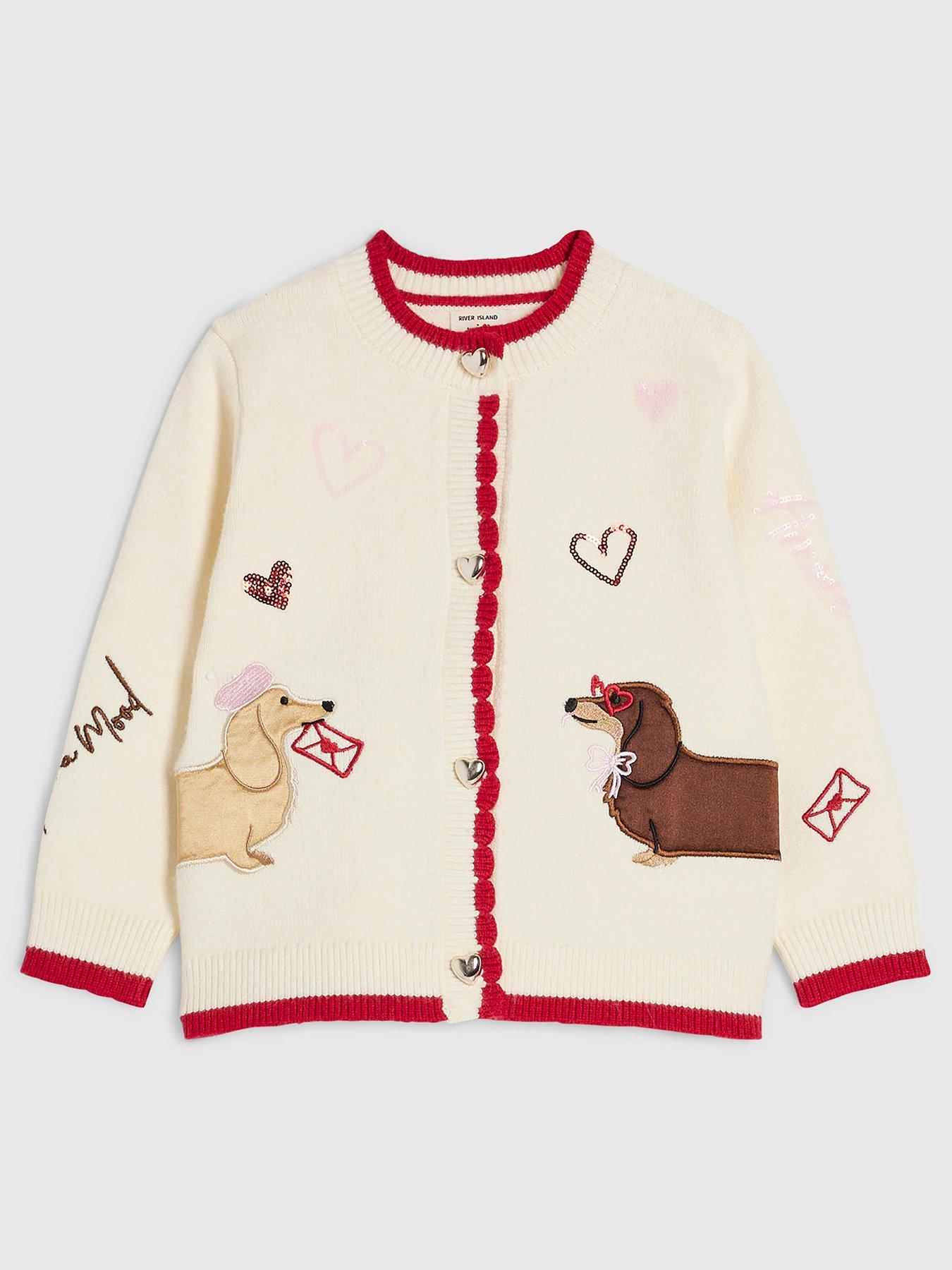 River Island Mini Girls Dog Embroidered Heart Button Cardigan - Cream