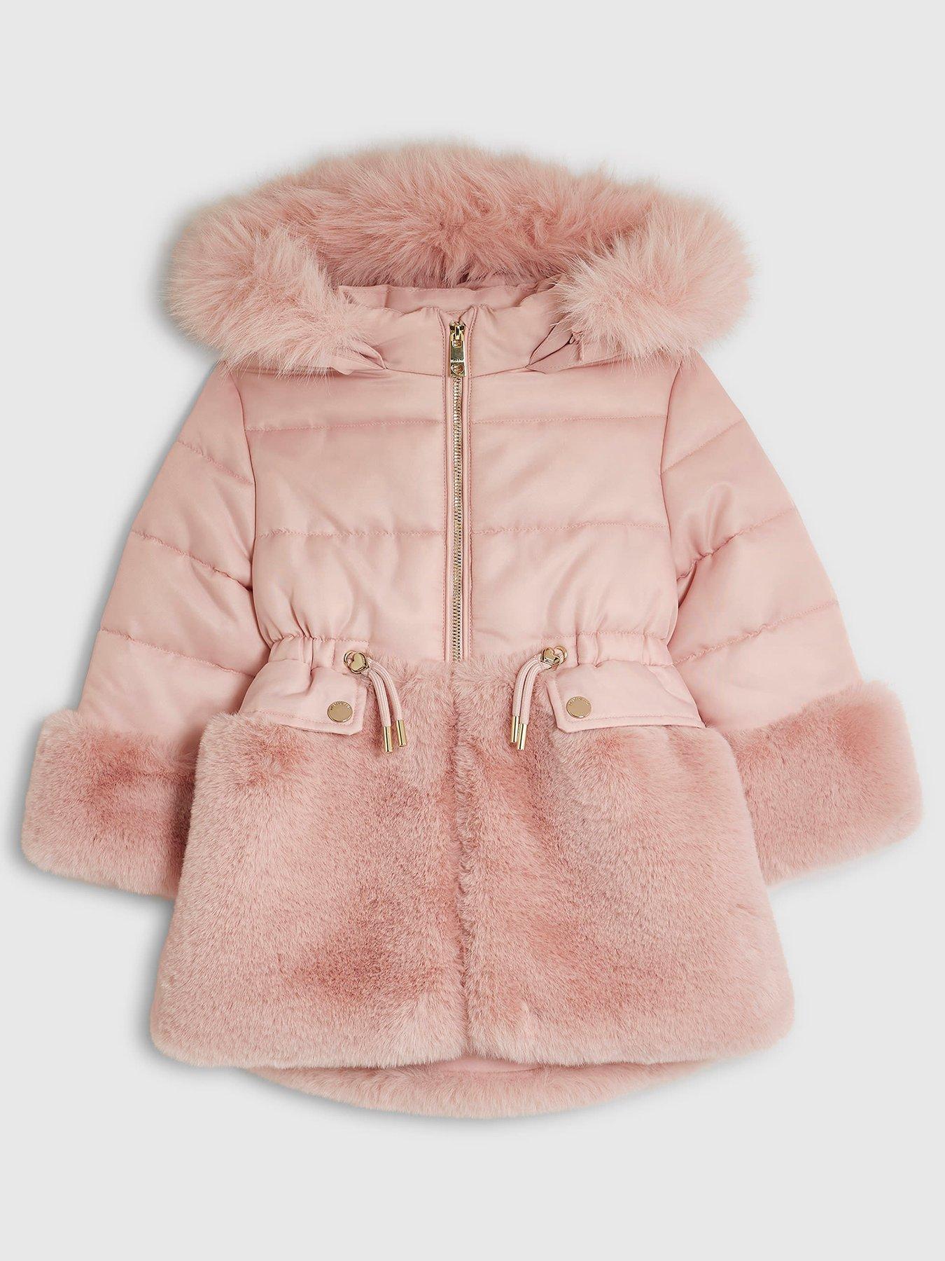 River Island Mini Mini Girls Hybrid Fur Cinch Padded Coat - Pink