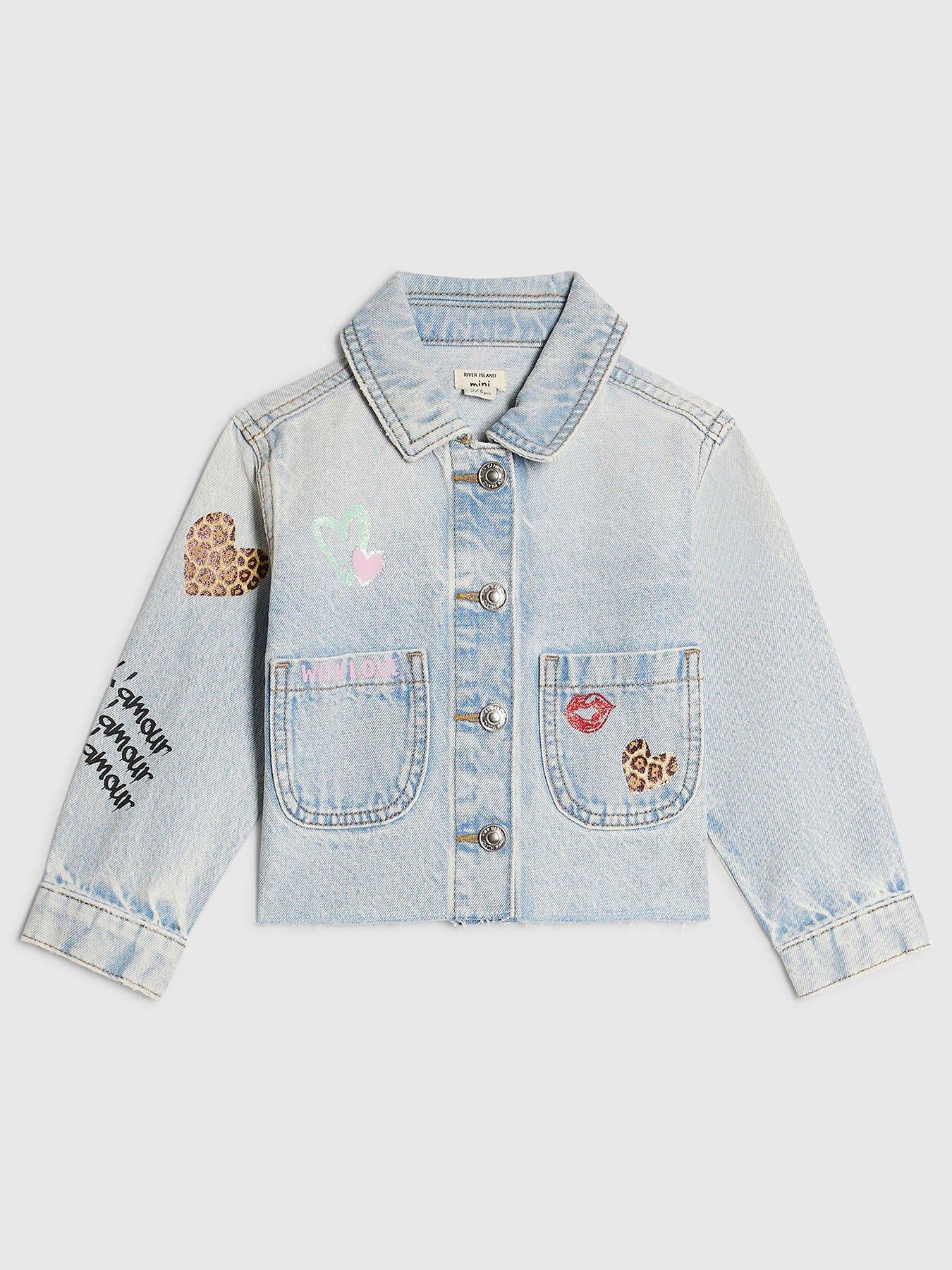 Image 1 of 4 of River Island Mini Girls Leopard Print Heart Denim Jacket - Blue