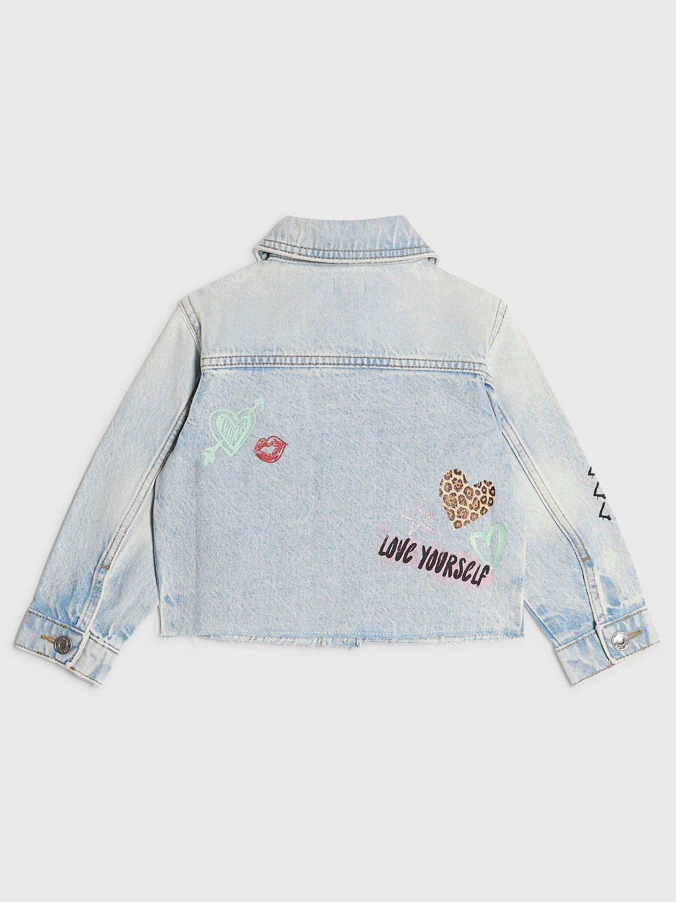 Image 2 of 4 of River Island Mini Girls Leopard Print Heart Denim Jacket - Blue