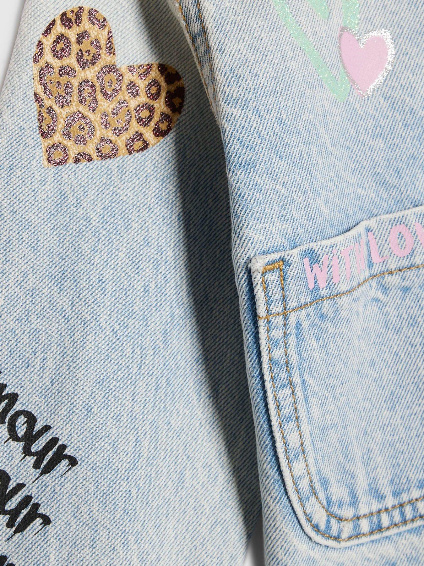 Image 3 of 4 of River Island Mini Girls Leopard Print Heart Denim Jacket - Blue