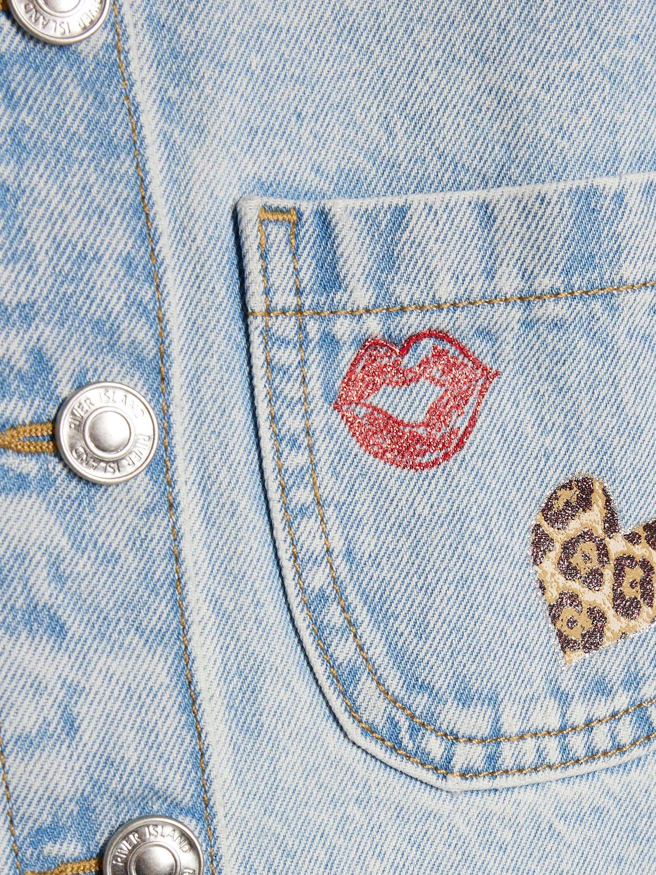 Image 4 of 4 of River Island Mini Girls Leopard Print Heart Denim Jacket - Blue