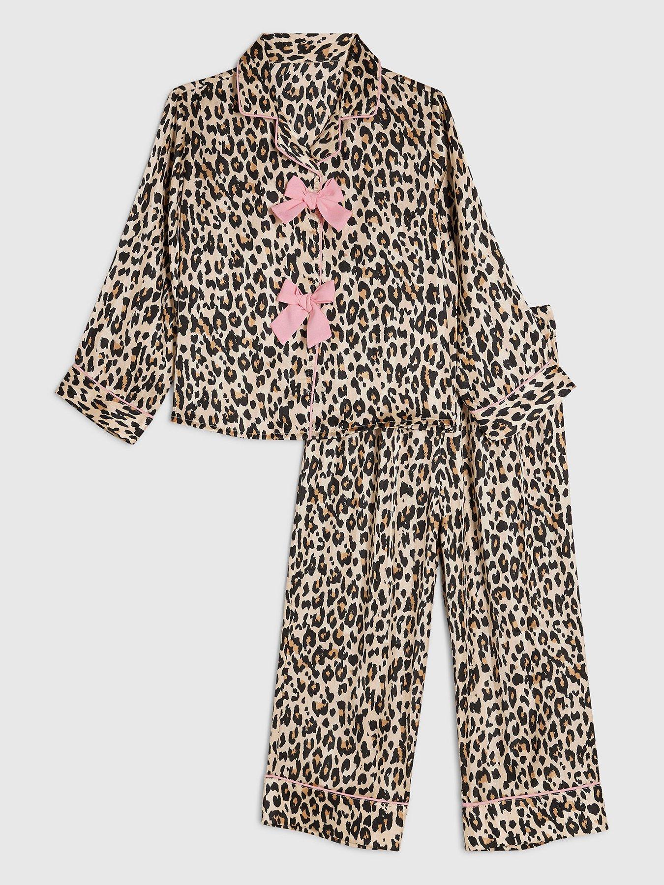 Image 1 of 5 of River Island Mini Girls Leopard Print 3D Bow Pyjamas - Brown