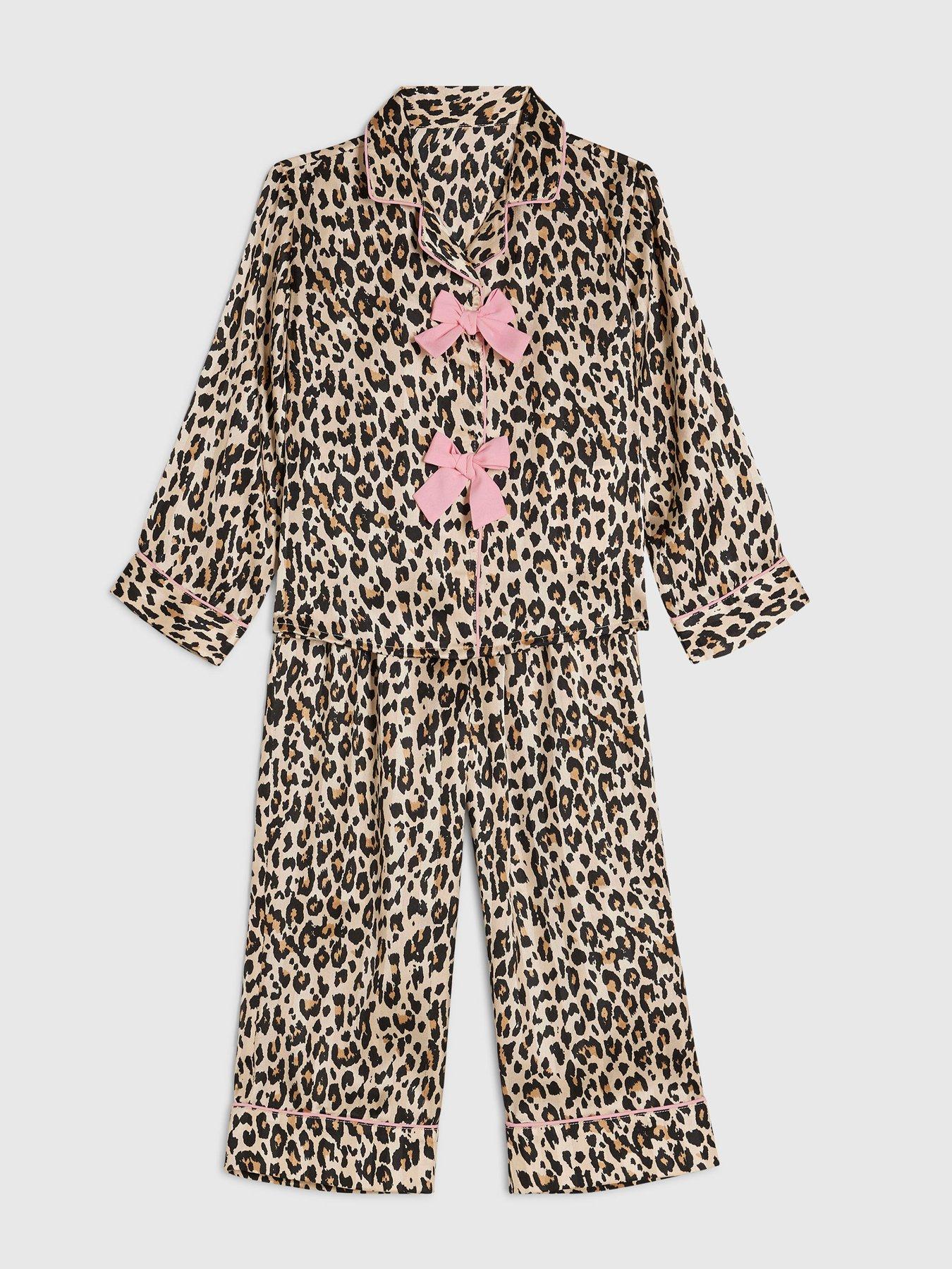 Image 3 of 5 of River Island Mini Girls Leopard Print 3D Bow Pyjamas - Brown