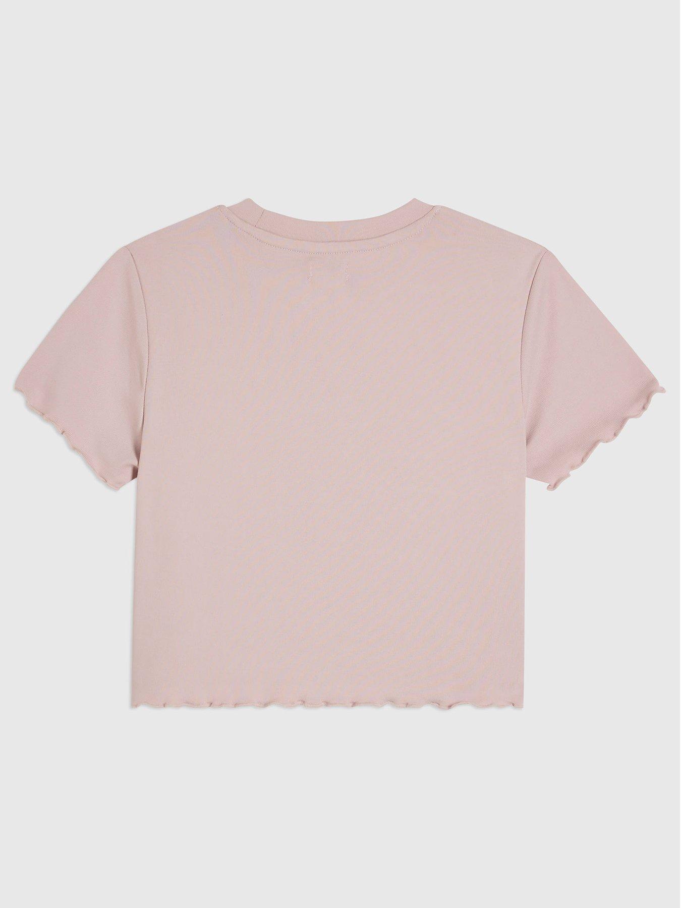 Image 2 of 4 of River Island Girls Soft Touch Stretch Lettuce Hem T-Shirt - Pink