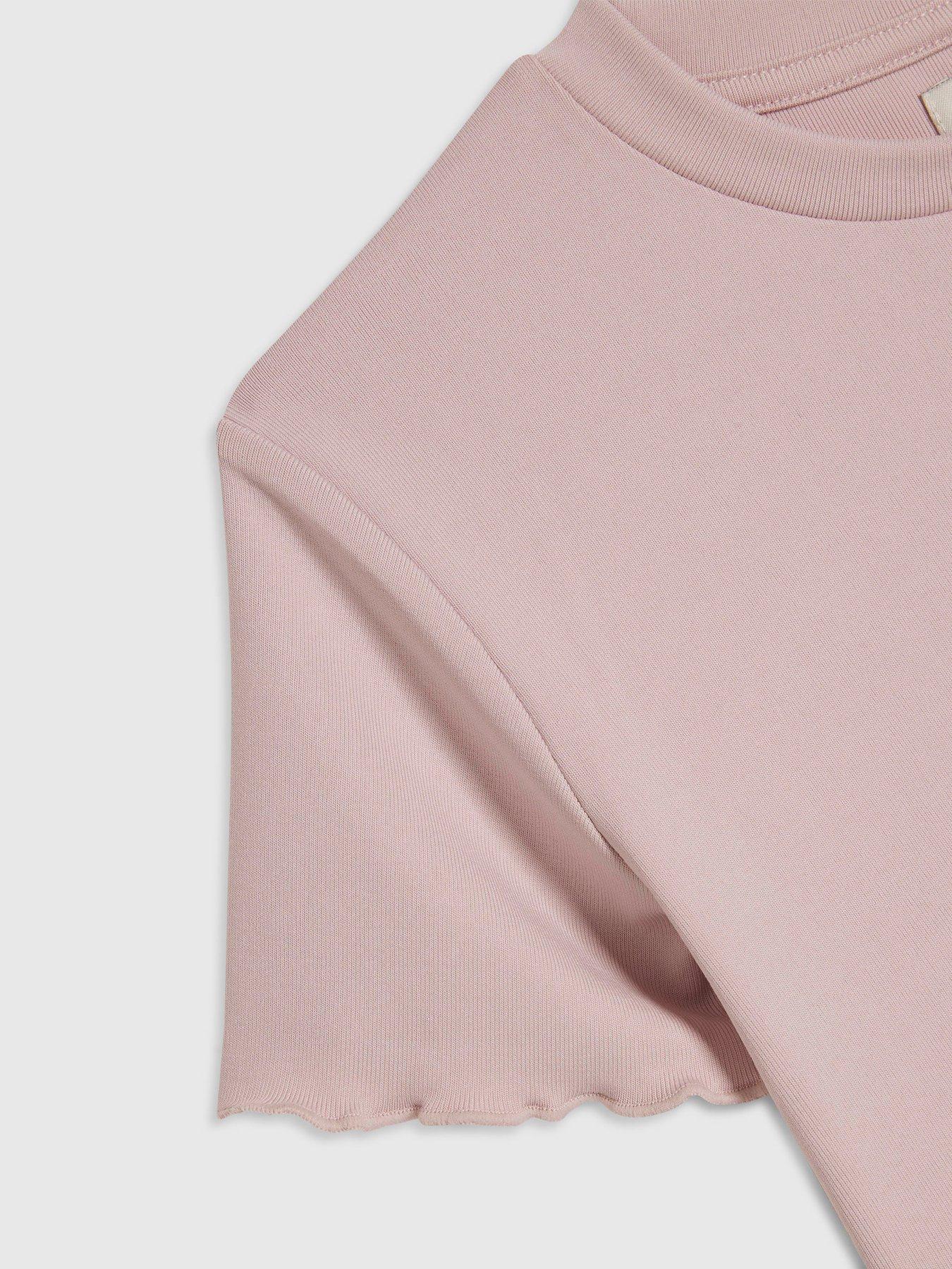 Image 3 of 4 of River Island Girls Soft Touch Stretch Lettuce Hem T-Shirt - Pink