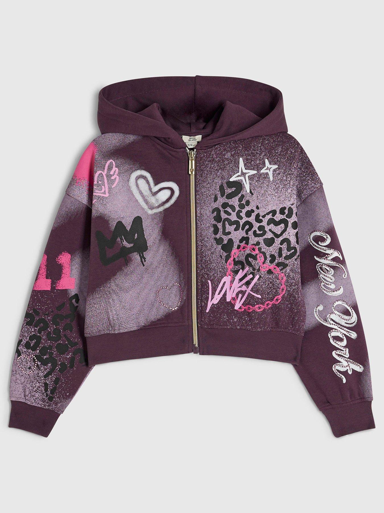 Image 1 of 4 of River Island Girls Graffiti Zip Up Hoodie - Purple