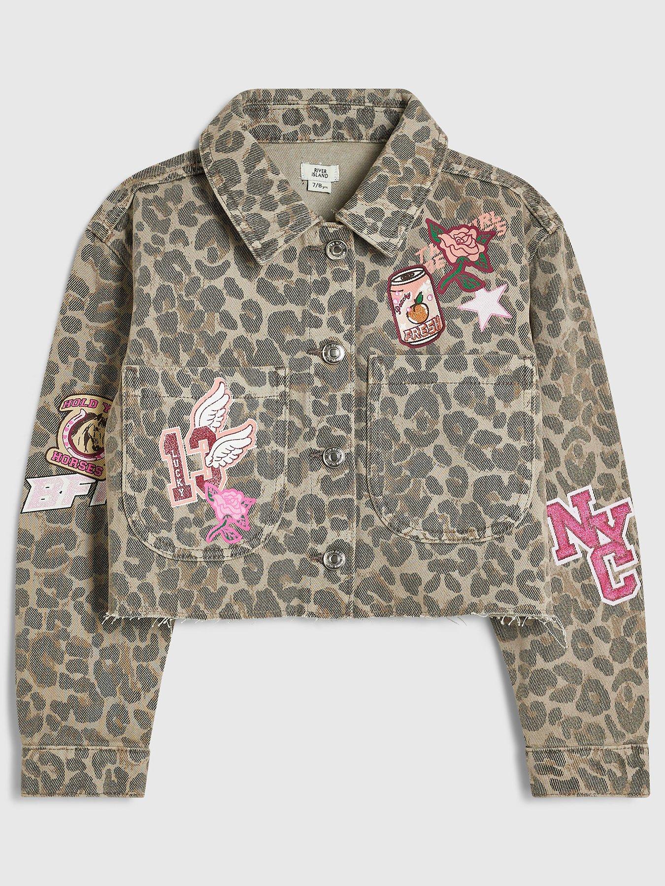 River Island Girls Leopard Print Badged Denim Jacket - Beige