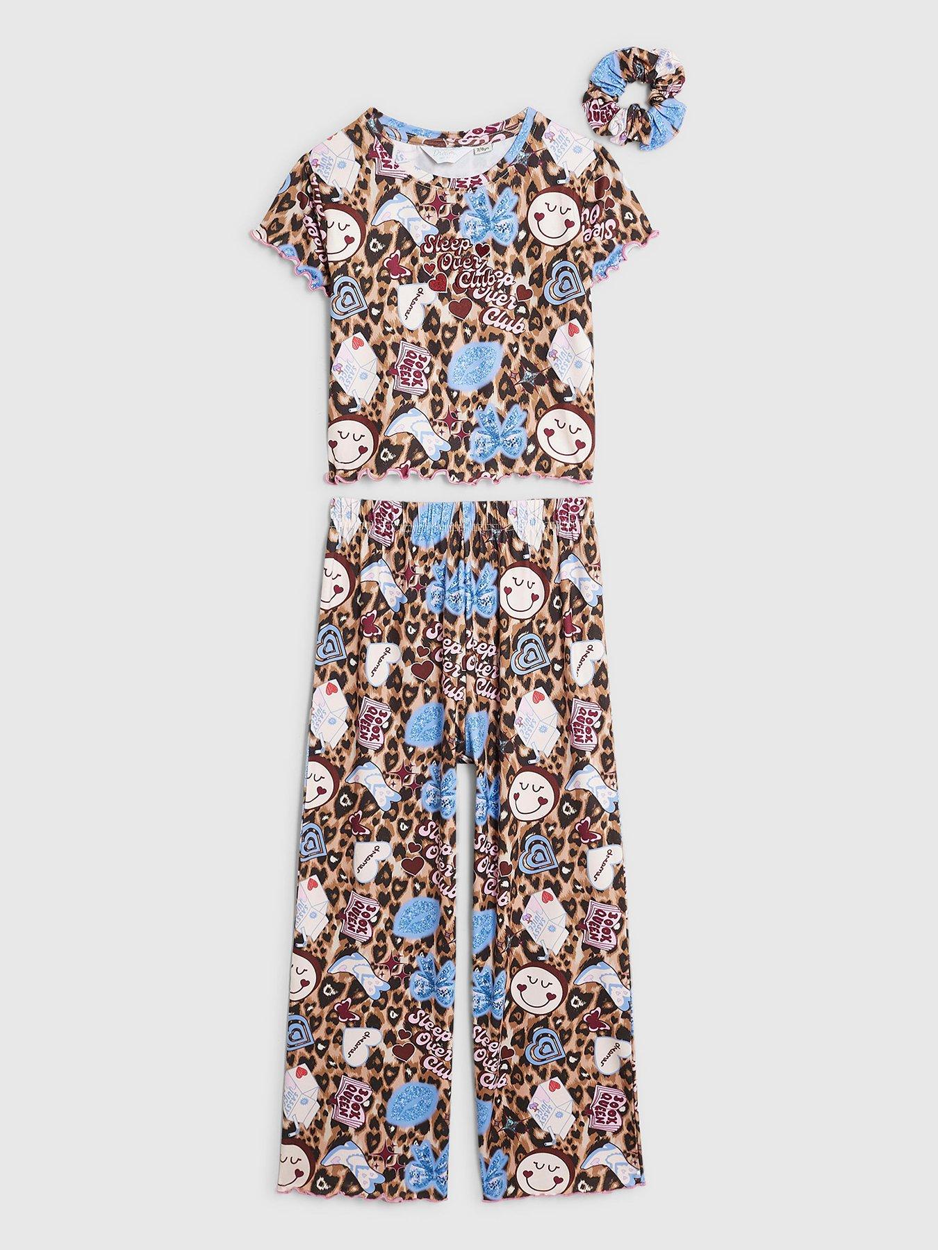 Image 1 of 4 of River Island Girls Leopard Sticker Stretch Pyjamas Set - Brown