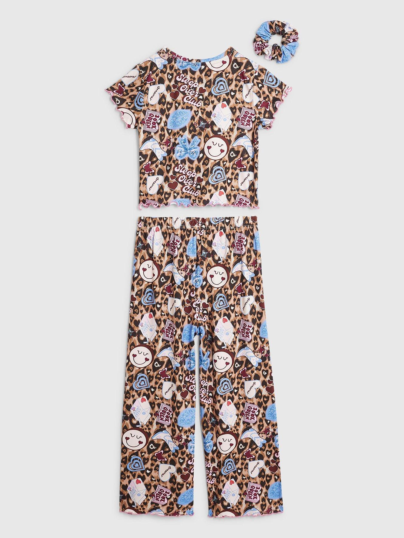 Image 2 of 4 of River Island Girls Leopard Sticker Stretch Pyjamas Set - Brown