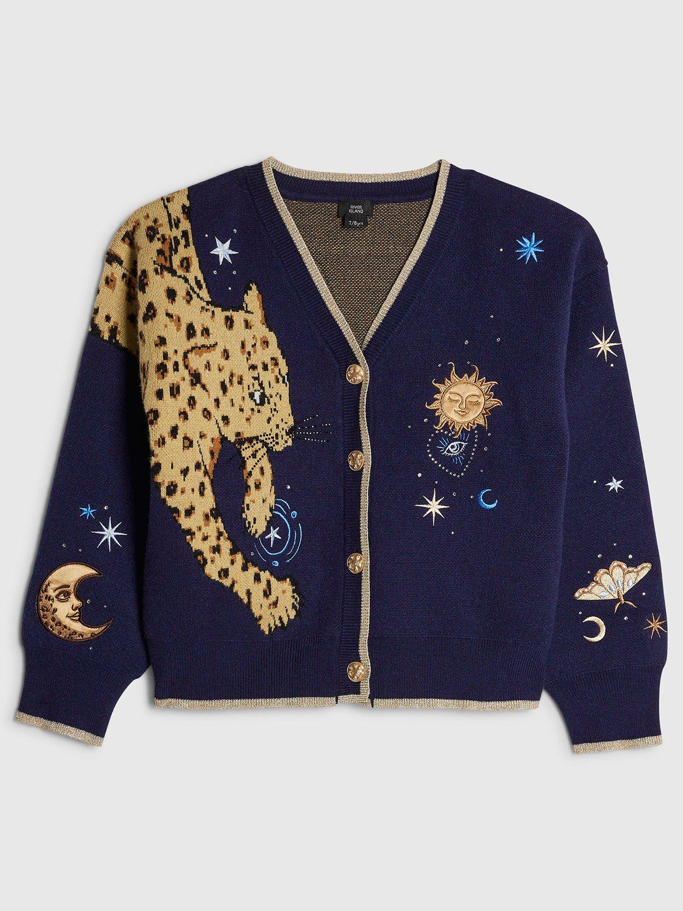 River Island Girls Leopard Intarsia Metallic Trim Button Cardigan - Navy