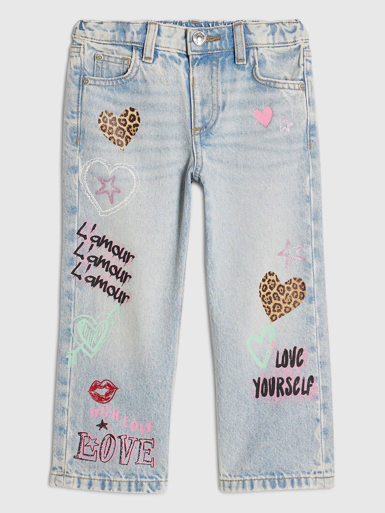 Image 1 of 4 of River Island Mini Girls Graffiti Straight Jeans - Blue
