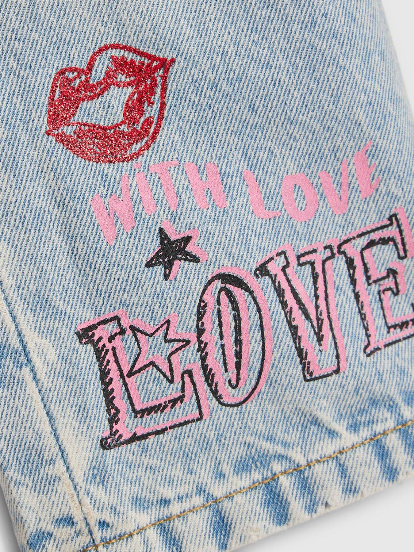 Image 3 of 4 of River Island Mini Girls Graffiti Straight Jeans - Blue