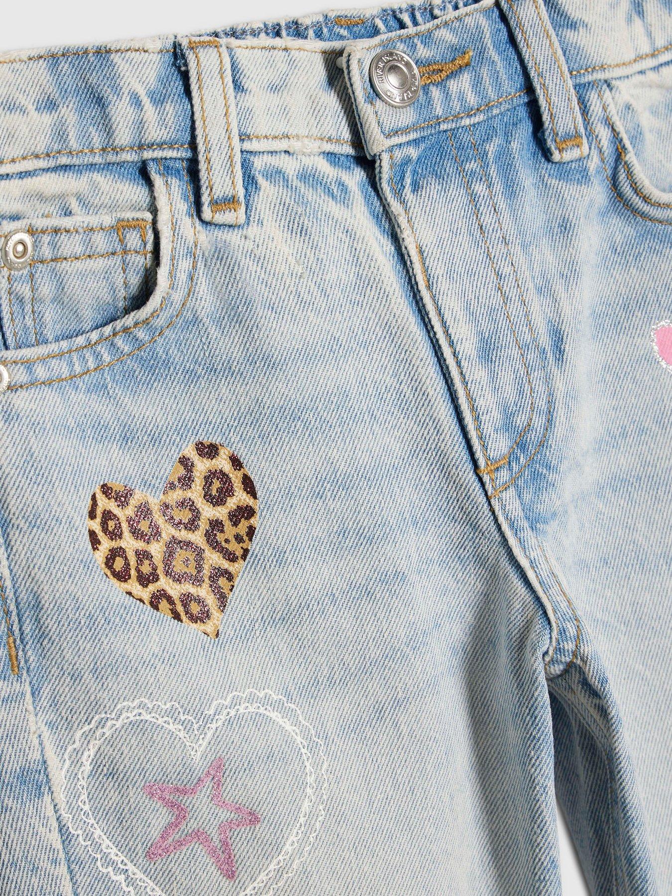Image 4 of 4 of River Island Mini Girls Graffiti Straight Jeans - Blue