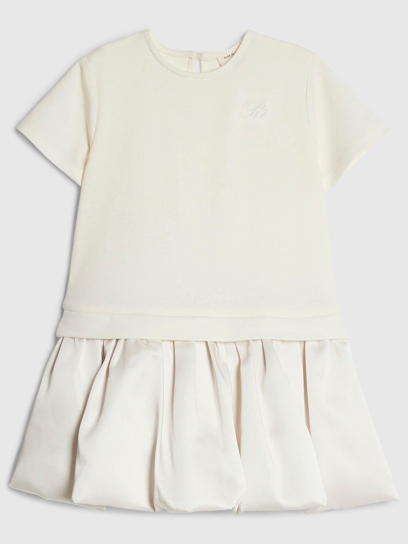 Image 1 of 4 of River Island Mini Mini Girls Bubble Hem Skirt Dress - Cream