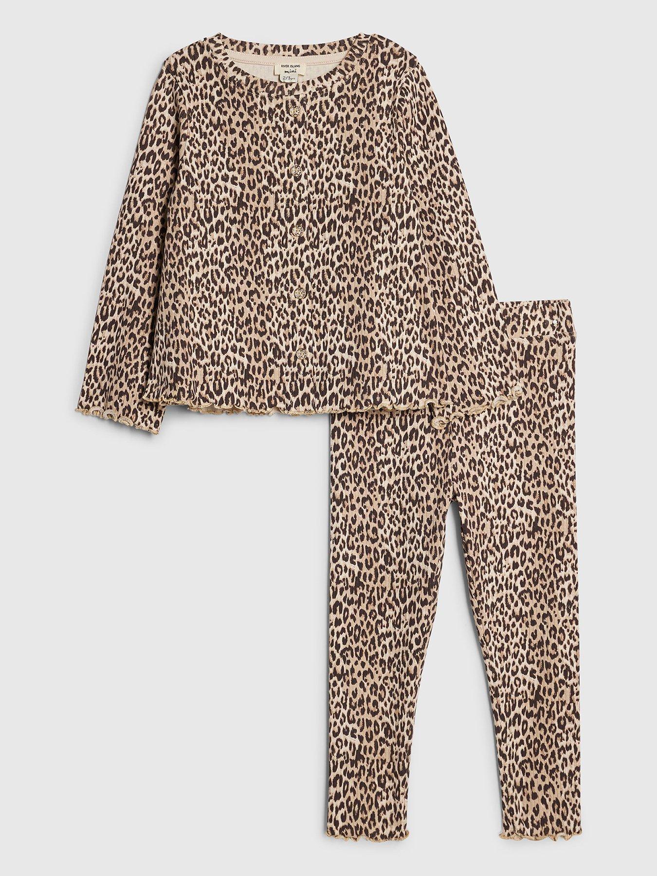 River Island Mini Girls Leopard Print Button-Through Cardigan & Trousers Set - Brown