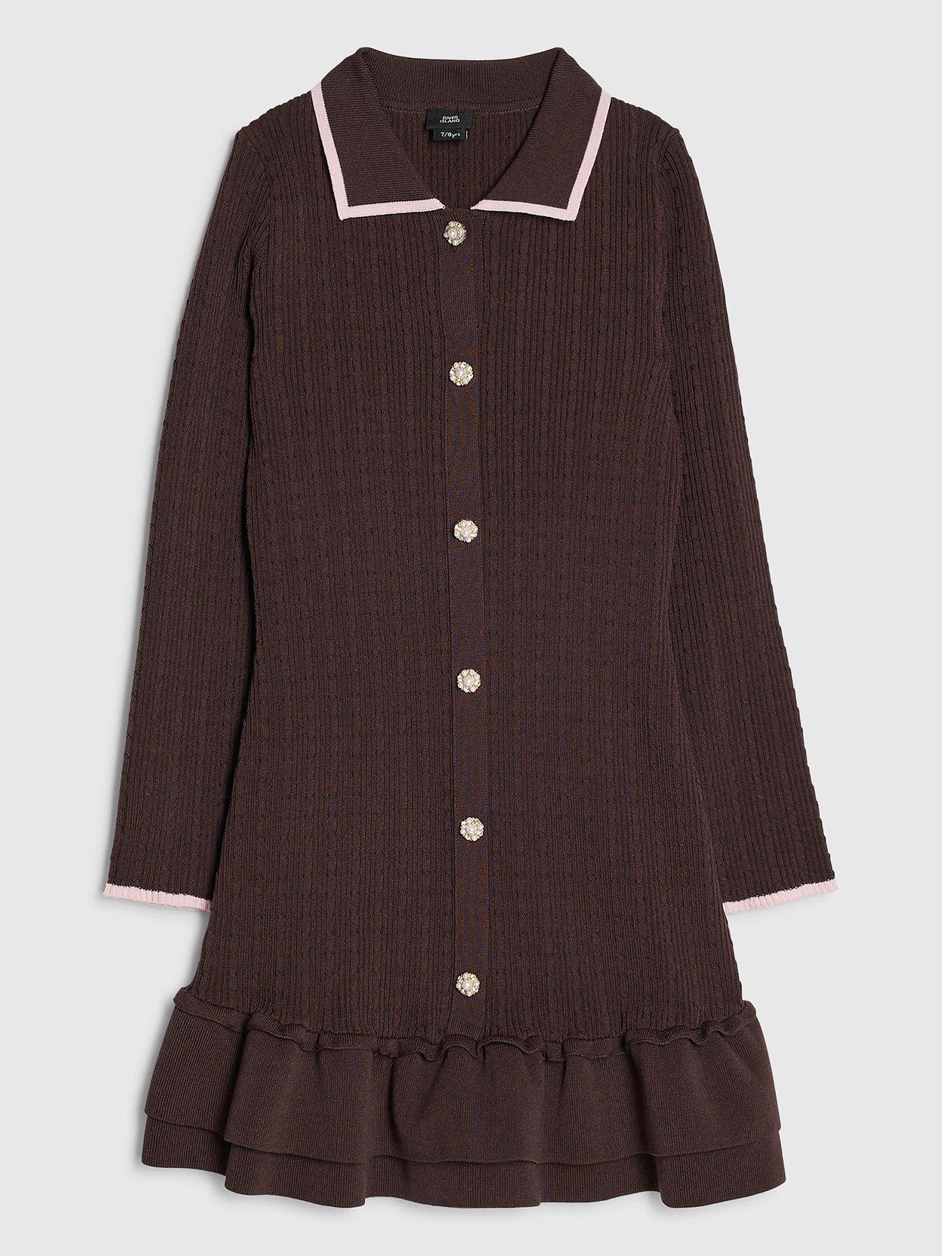 River Island Girls Ribbed Button Front Contrast Trim Dress - Brown