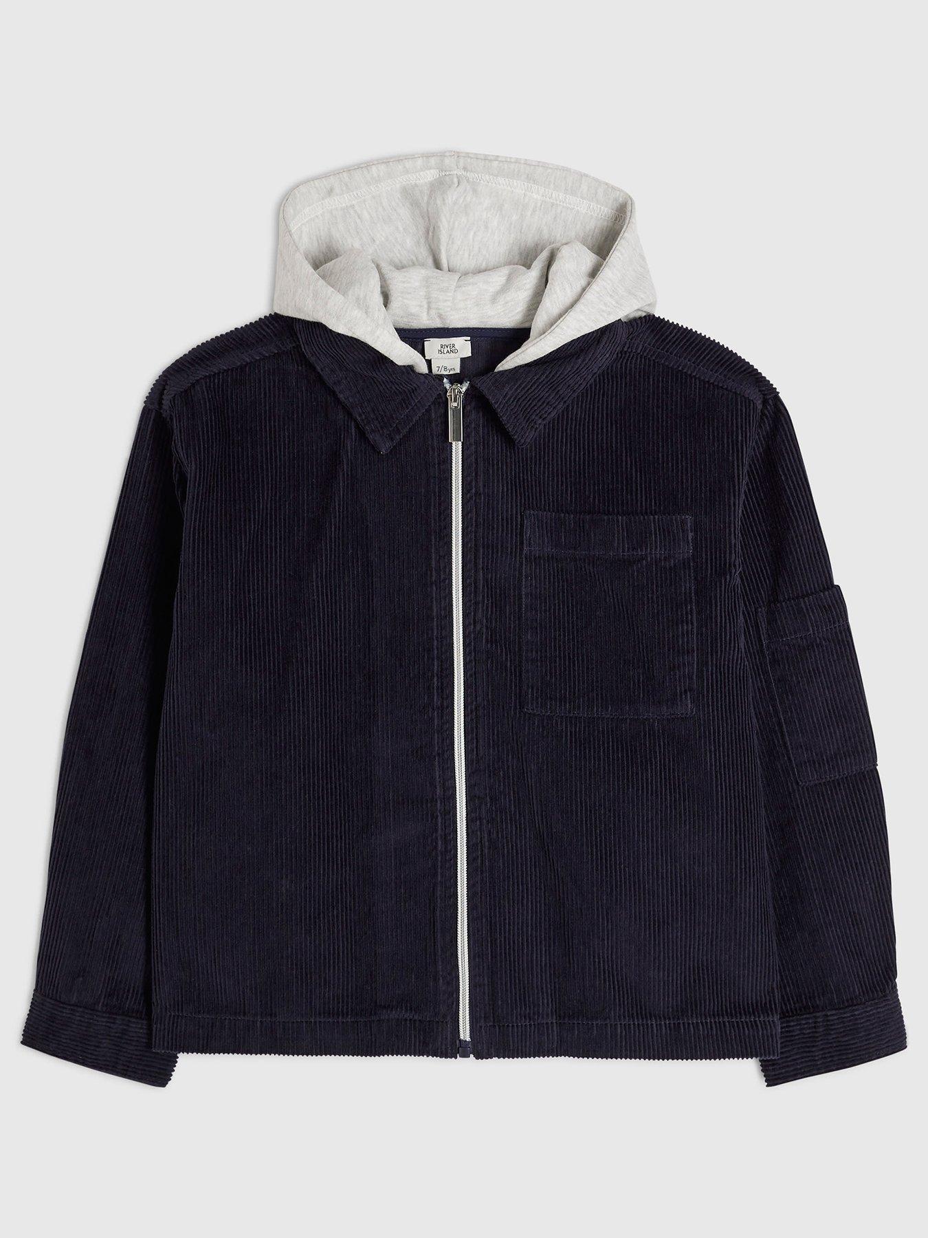 River Island Boys Corduroy Hooded Zip Overshirt - Navy