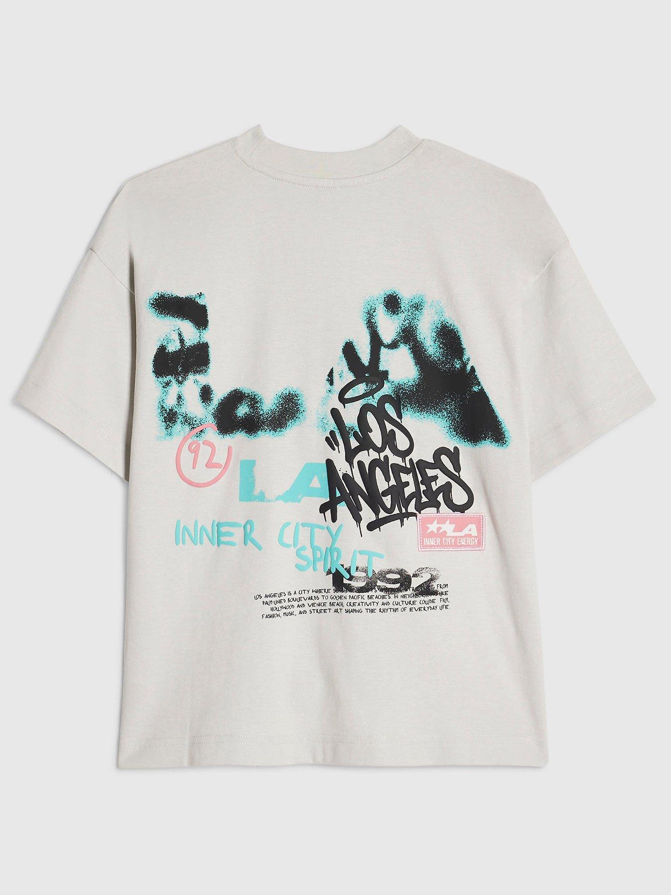 Image 1 of 4 of River Island Boys Oversized Grafitti Graphic T-Shirt - Grey