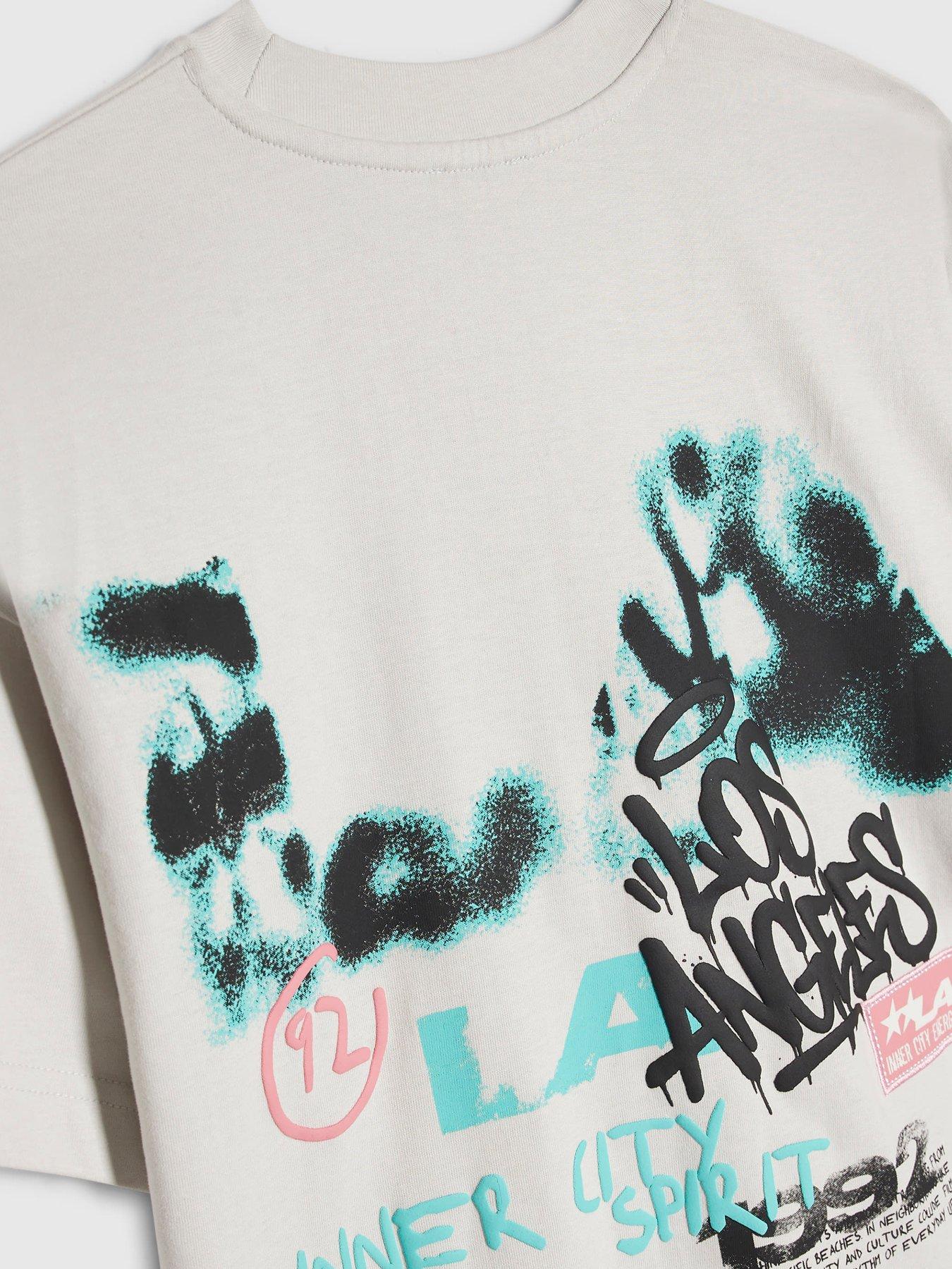 Image 3 of 4 of River Island Boys Oversized Grafitti Graphic T-Shirt - Grey