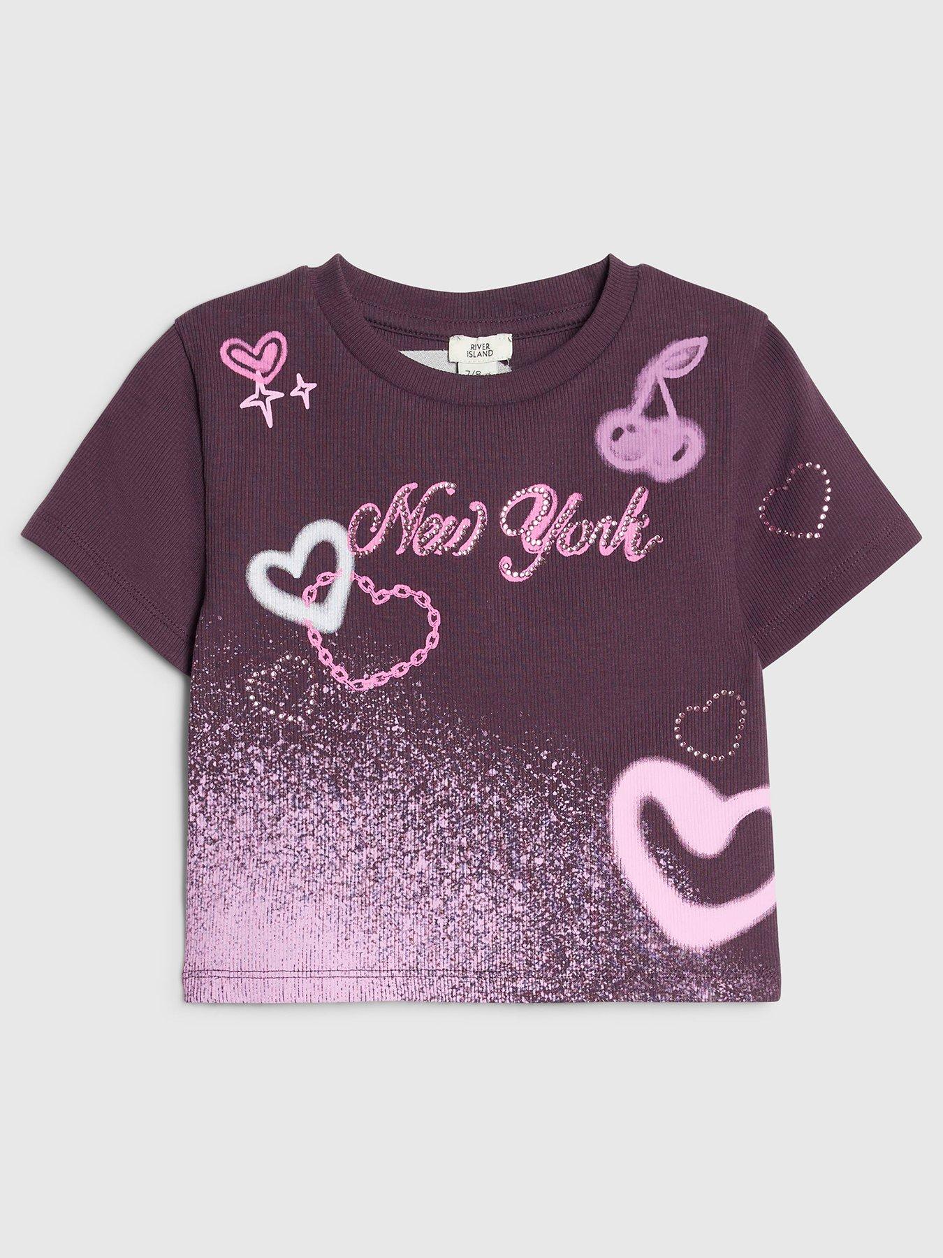 River Island Girls New York Graffiti Embellished Cotton T-Shirt - Purple
