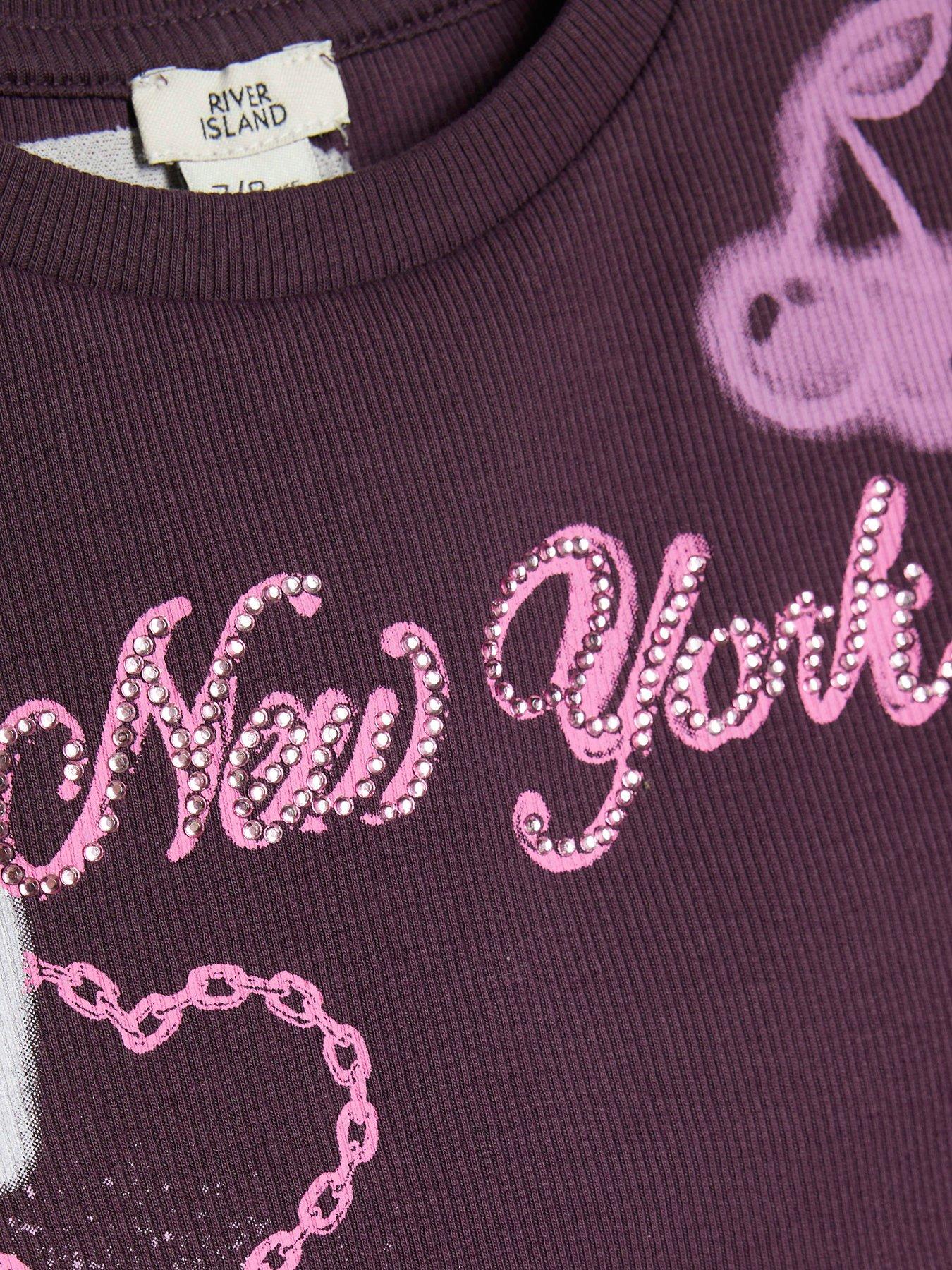 Image 4 of 4 of River Island Girls New York Graffiti Embellished Cotton T-Shirt - Purple