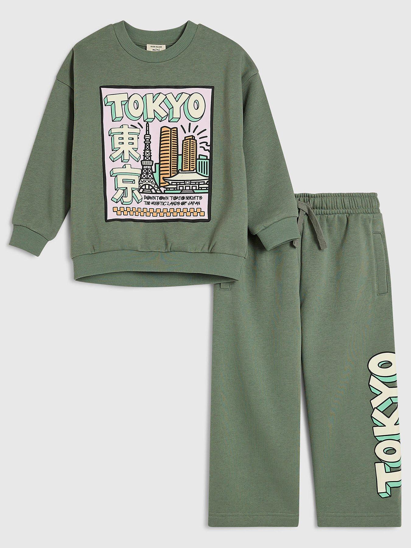 Image 1 of 5 of River Island Mini Mini Boys Tokyo Cartoon Sweatshirt Set - Khaki