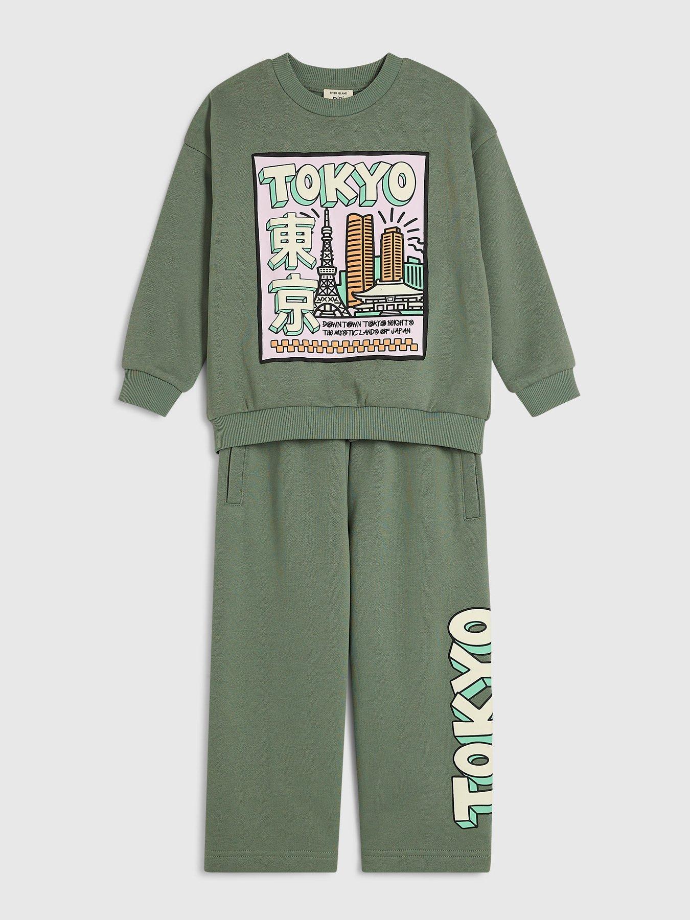Image 3 of 5 of River Island Mini Mini Boys Tokyo Cartoon Sweatshirt Set - Khaki