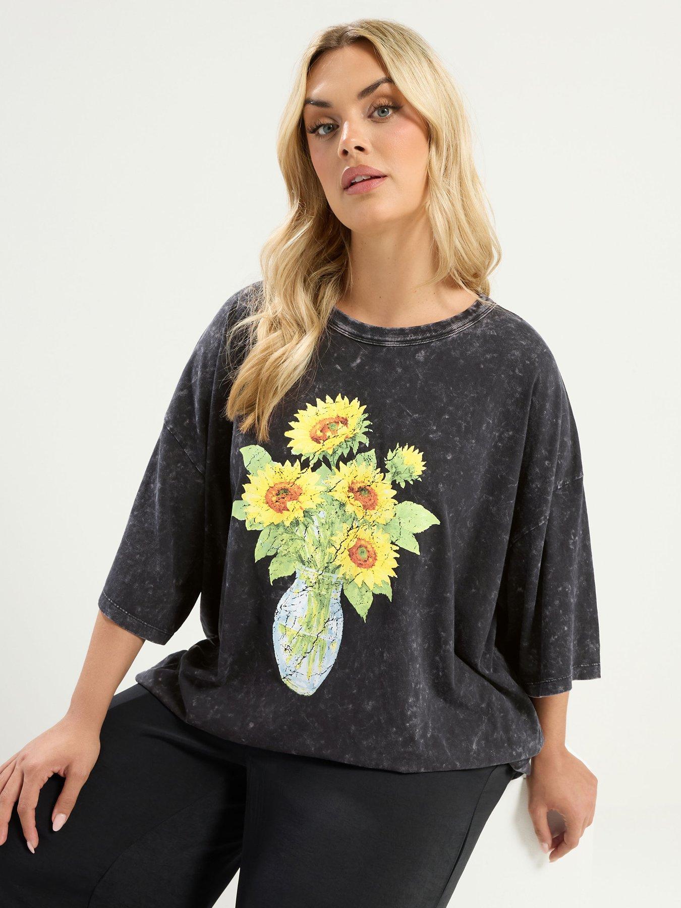 Yours Curve Sunflower Placement Boxy T-Shirt - Grey