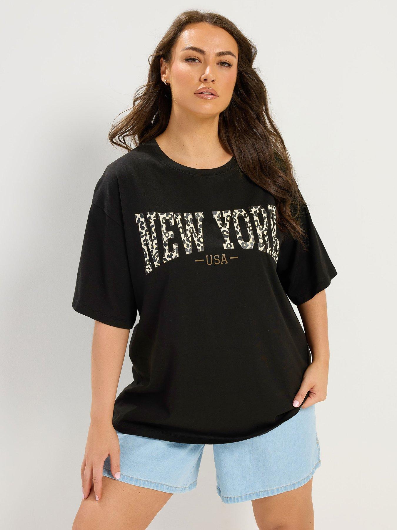 Yours Curve Leopard Print Placement T-Shirt - Black