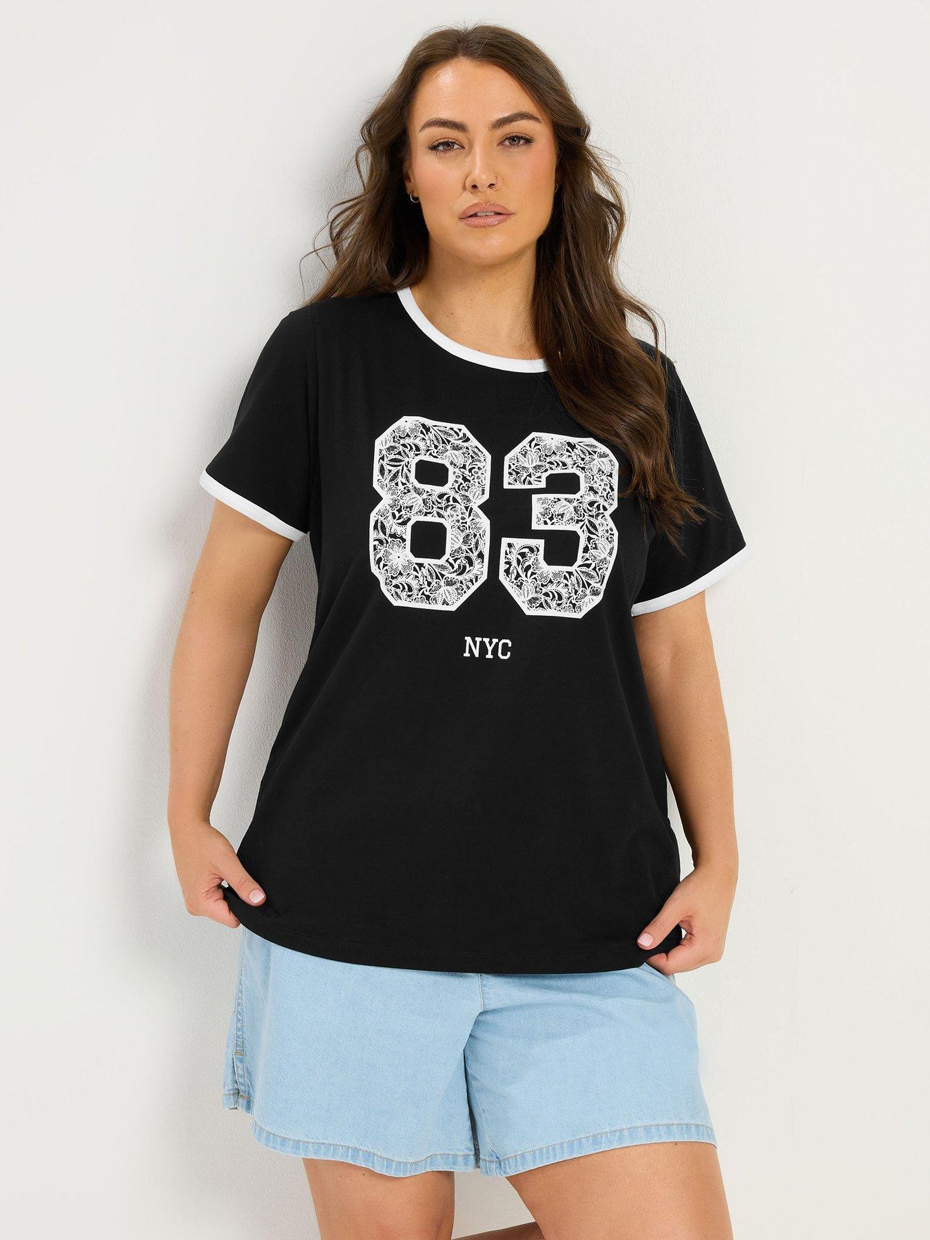 Yours Curve Manhattan Placement Lace Detail T-Shirt - Black