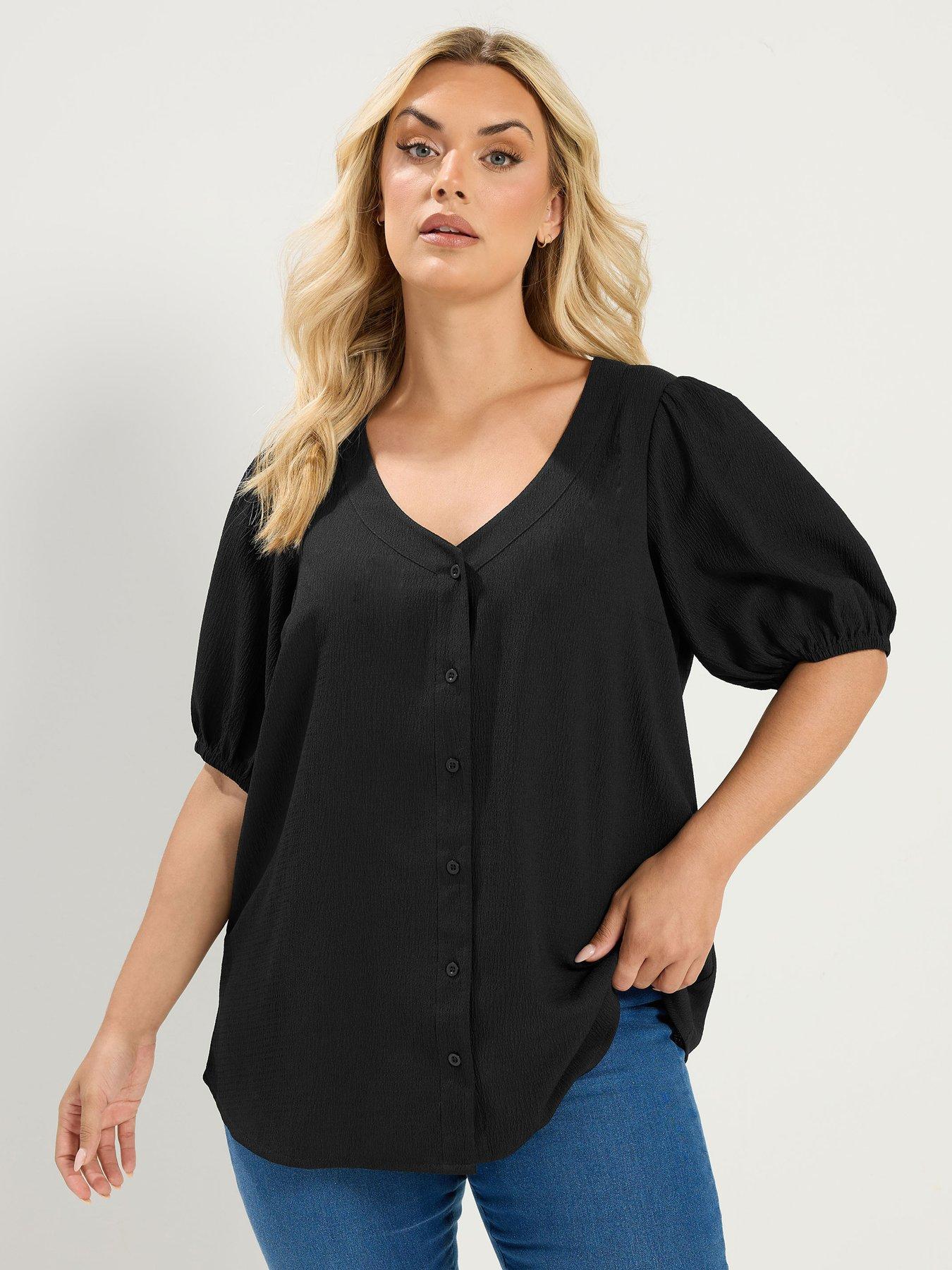 Yours Curve Button Texture Short Sleeve Blouse - Black