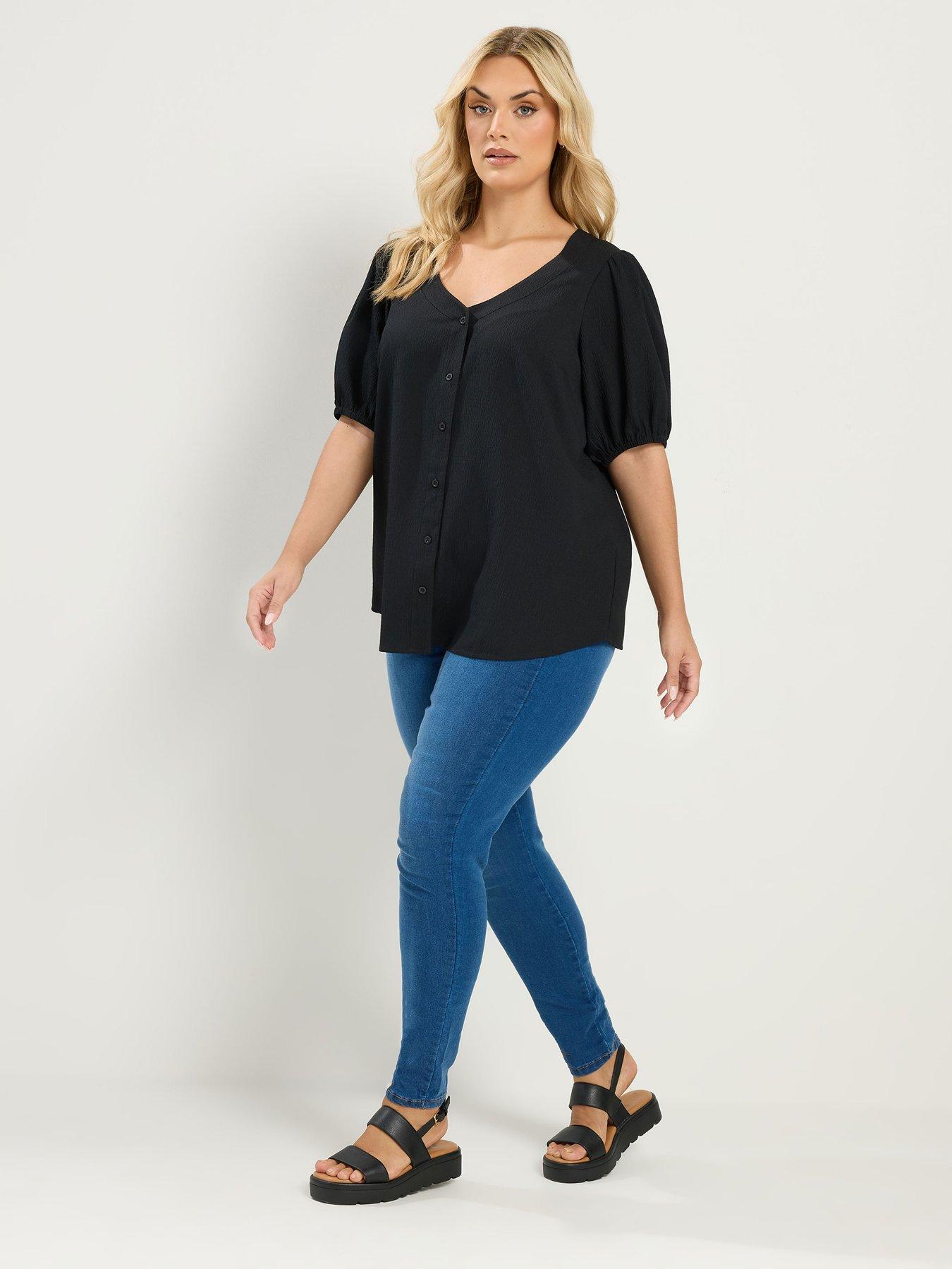 Image 3 of 4 of Yours Curve Button Texture Short Sleeve Blouse - Black