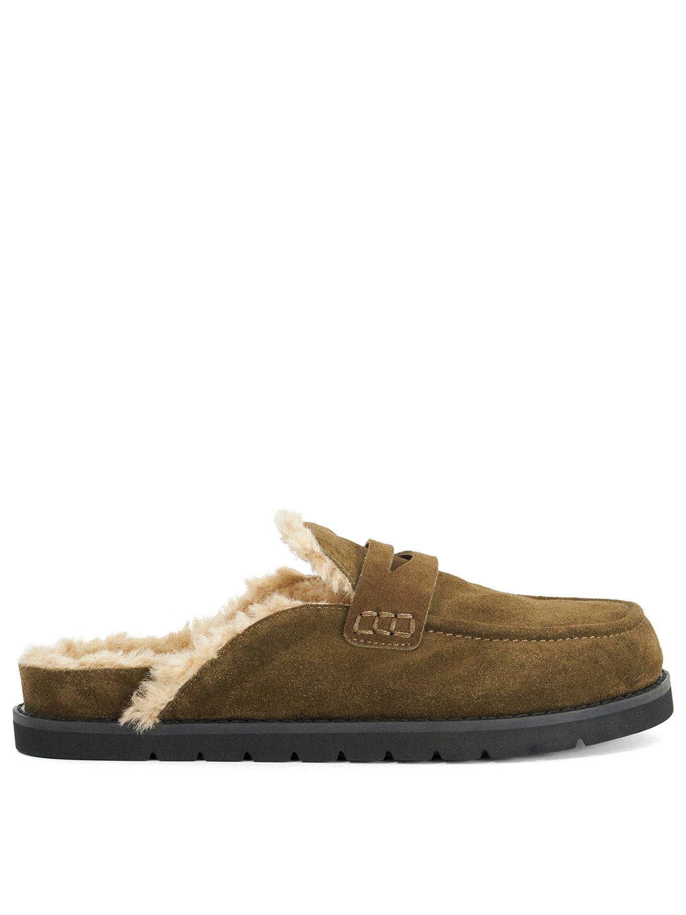 Dune London Goldy Faux Shearling Lined Backless Mule Suede Loafers
