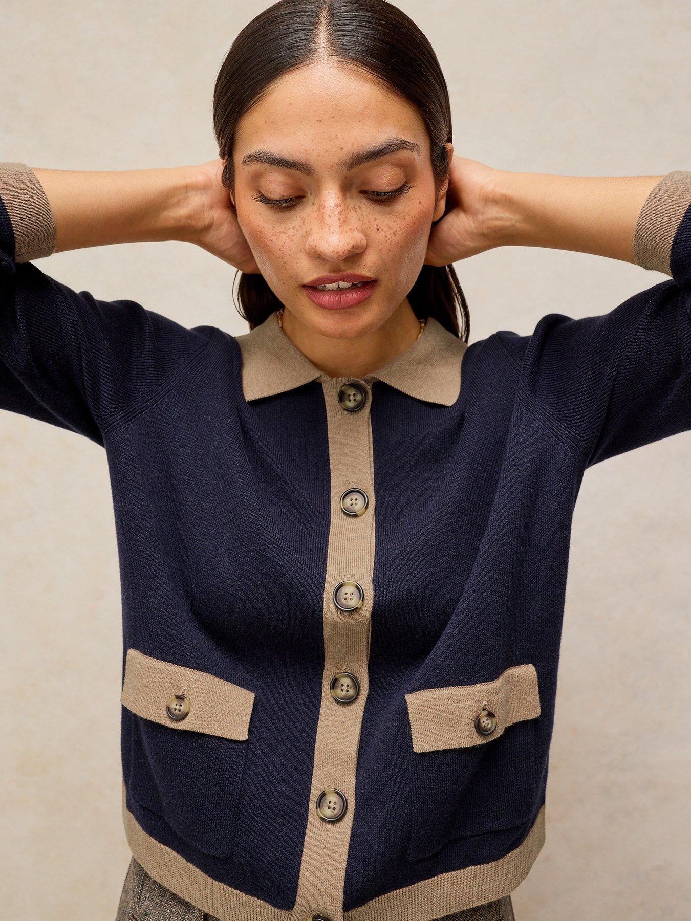 Image 1 of 5 of White Stuff Womens Charlotte Contrast Trim Button Through Cardigan - Blue