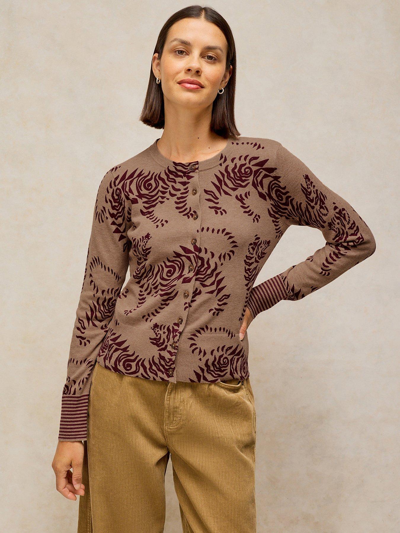 White Stuff Lois Print Crew Neck Cardigan - Beige